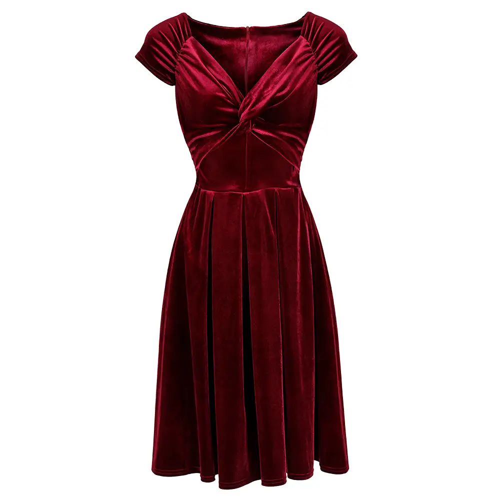 Claret Red Wine Velour Crossover Midi Dress