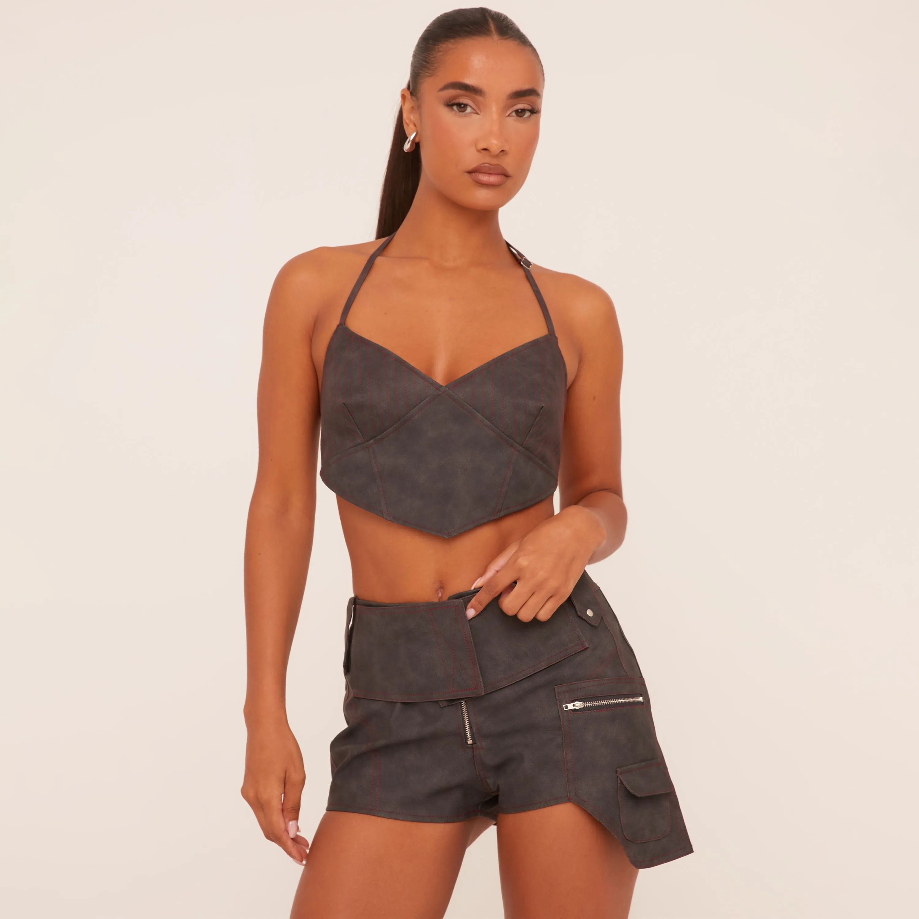 Contrast Stitch Low Rise Zip Front Belt Detail Shorts In Grey Faux Leather