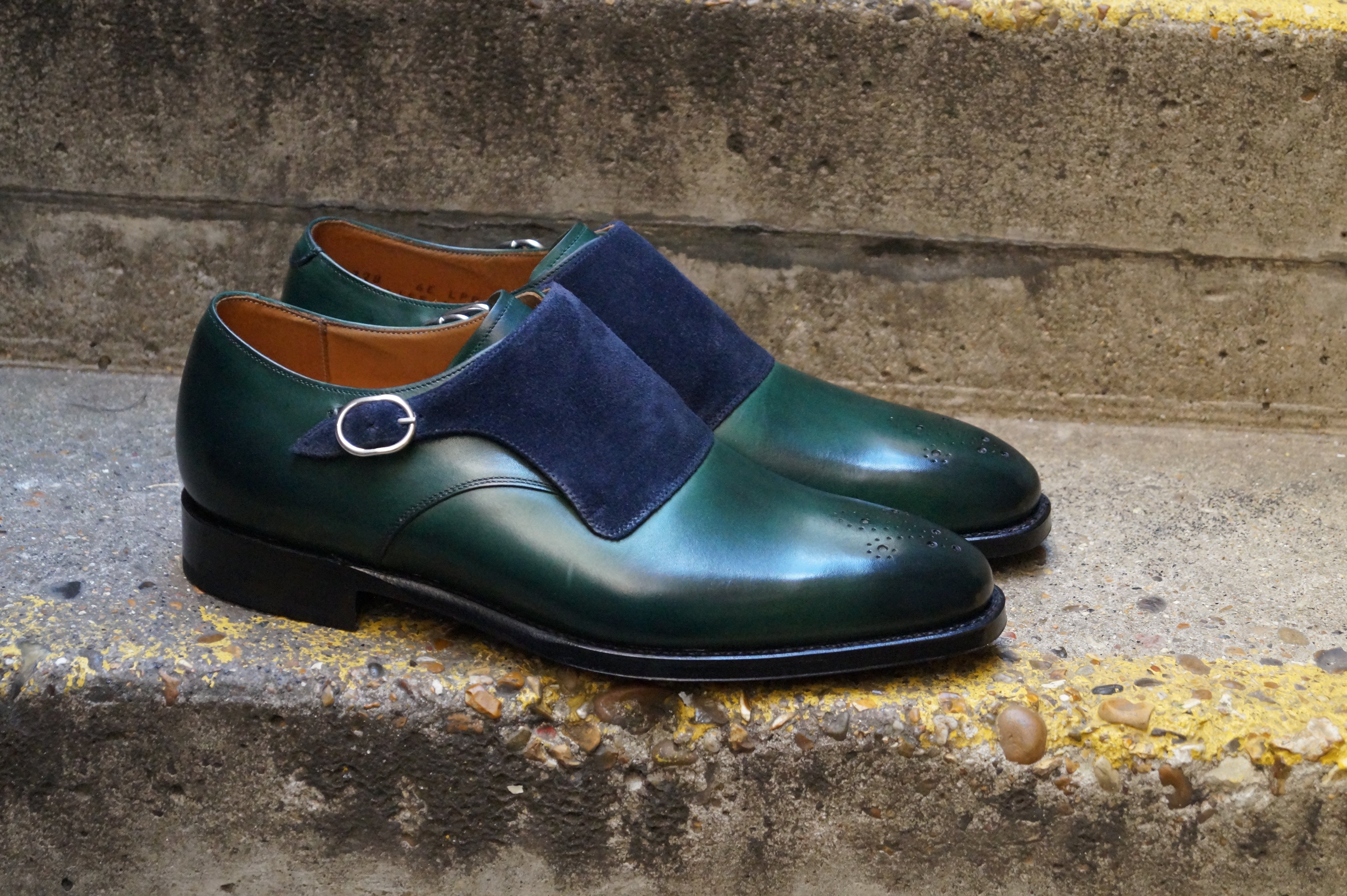 Corliss - MTO - Forest Green Calf / Navy Suede - Fleur de Lis Medallion - LPB Last - Single Leather Sole