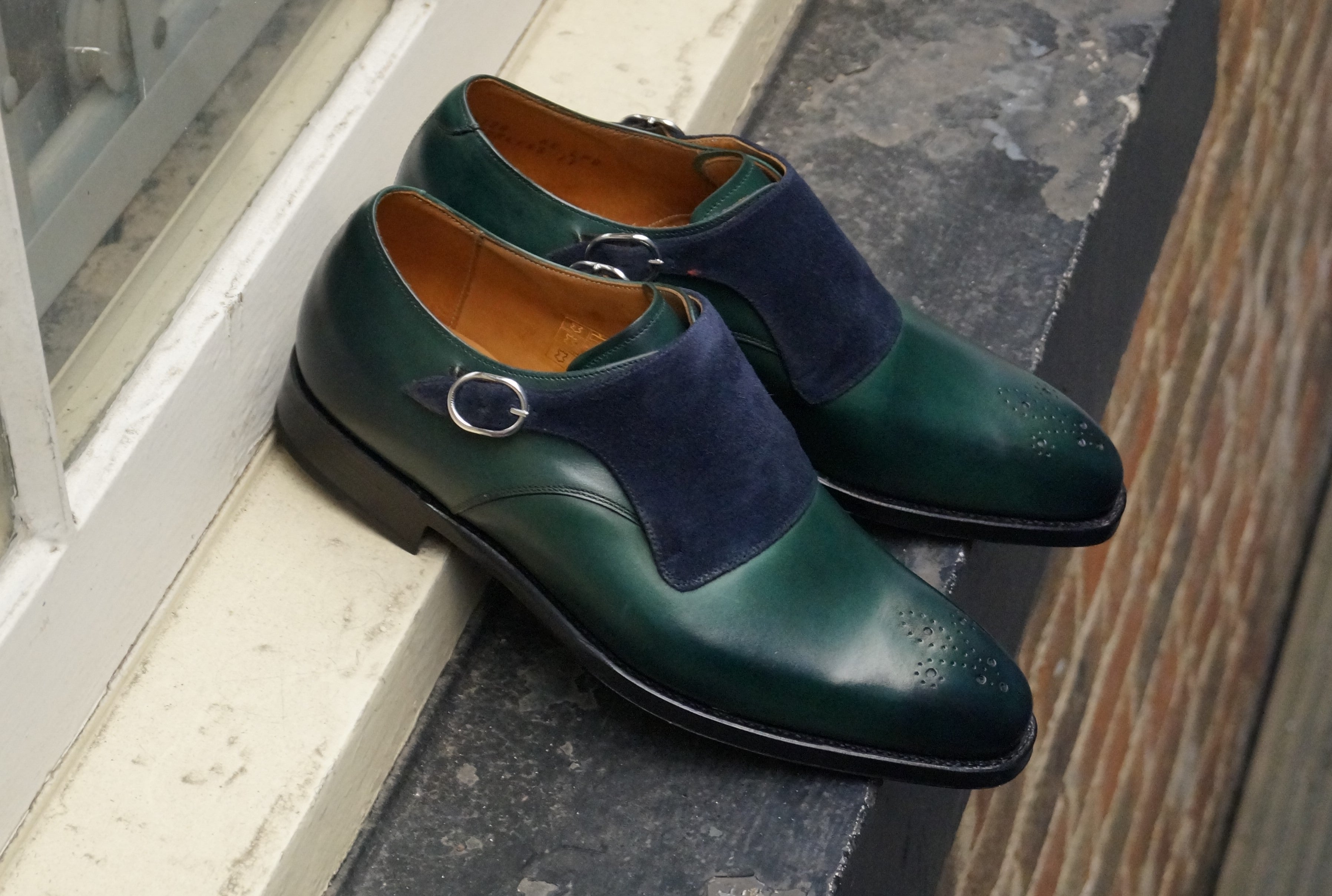 Corliss - MTO - Forest Green Calf / Navy Suede - Fleur de Lis Medallion - LPB Last - Single Leather Sole