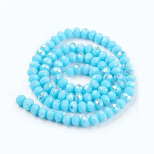 Crystal Glass Beads, Electroplated, Rondelle, Faceted, Opaque, Sky Blue, Half AB Plated, 4mm