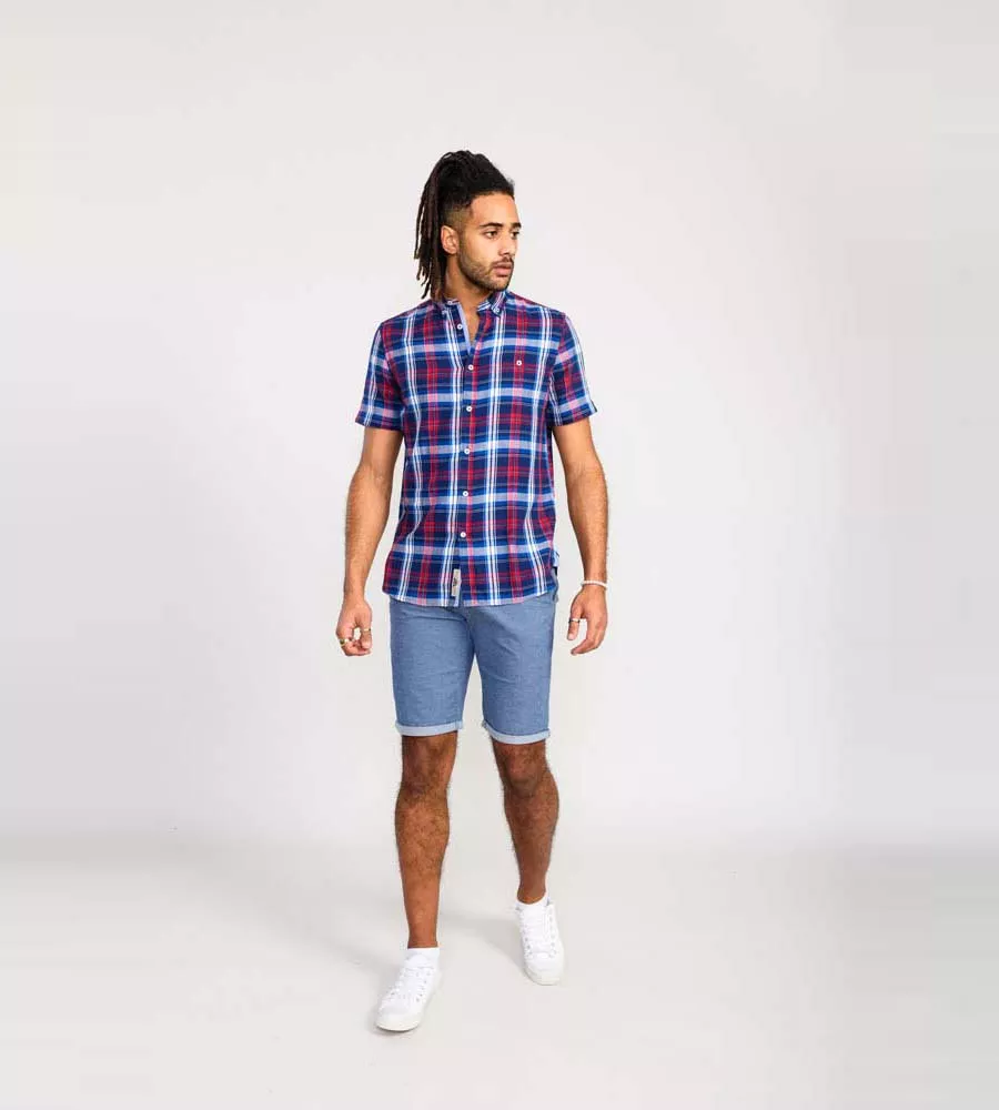 D555 Mens Blue/Red Short Sleeve Check Shirt (PORTLAND)