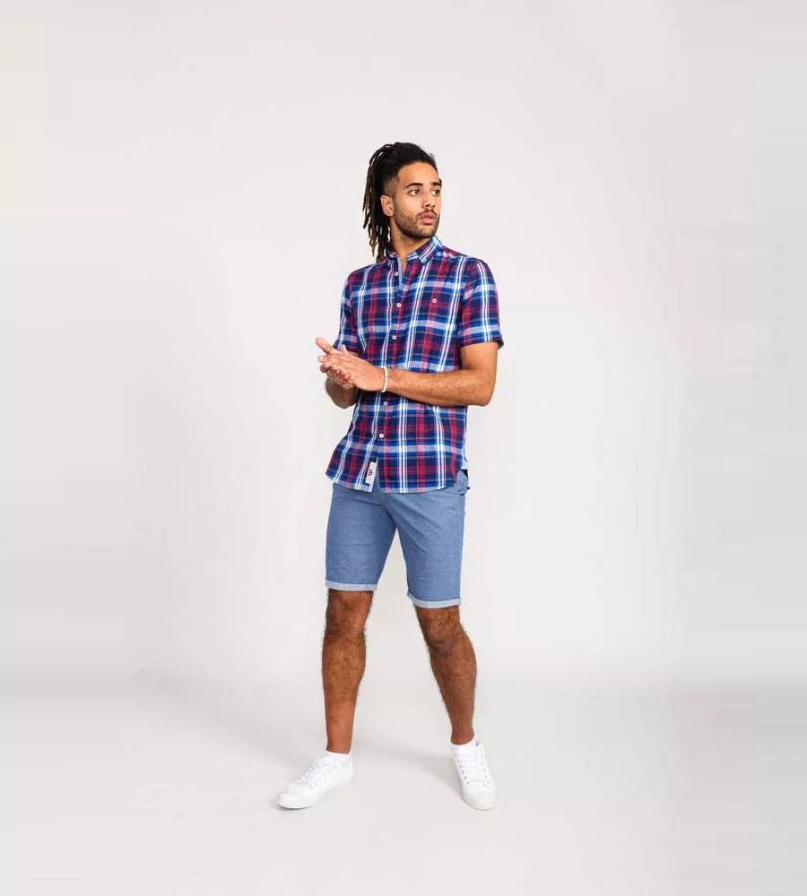 D555 Mens Blue/Red Short Sleeve Check Shirt (PORTLAND)