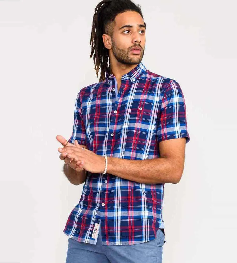 D555 Tall Mens Blue/Red Short Sleeve Check Shirt (PORTLAND)