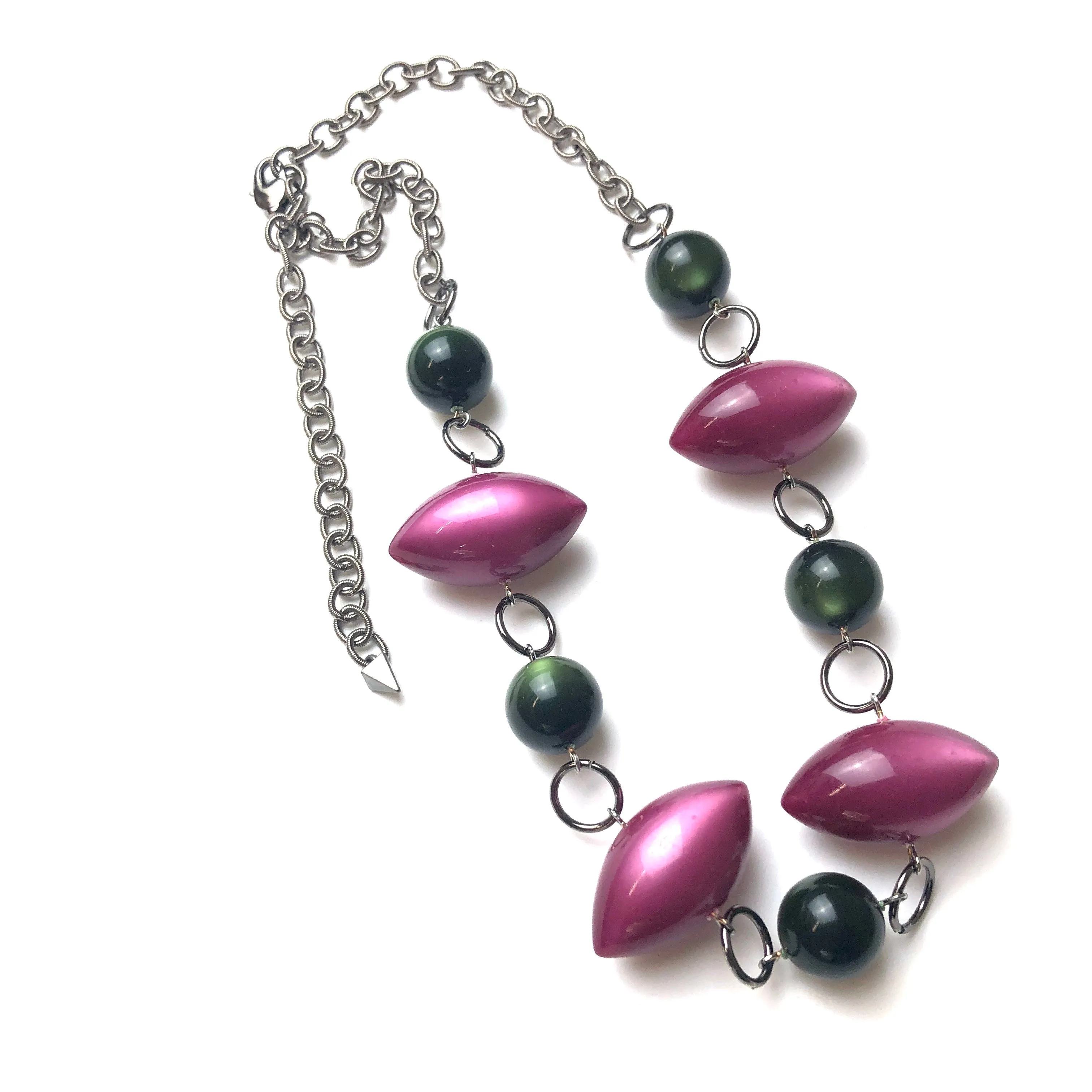 Deep Raspberry & Forest Green Moonglow Stations Necklace