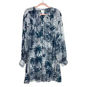 Desmond & Dempsey x H&M White/Navy Palm Print Button Front Dress- Size XXL