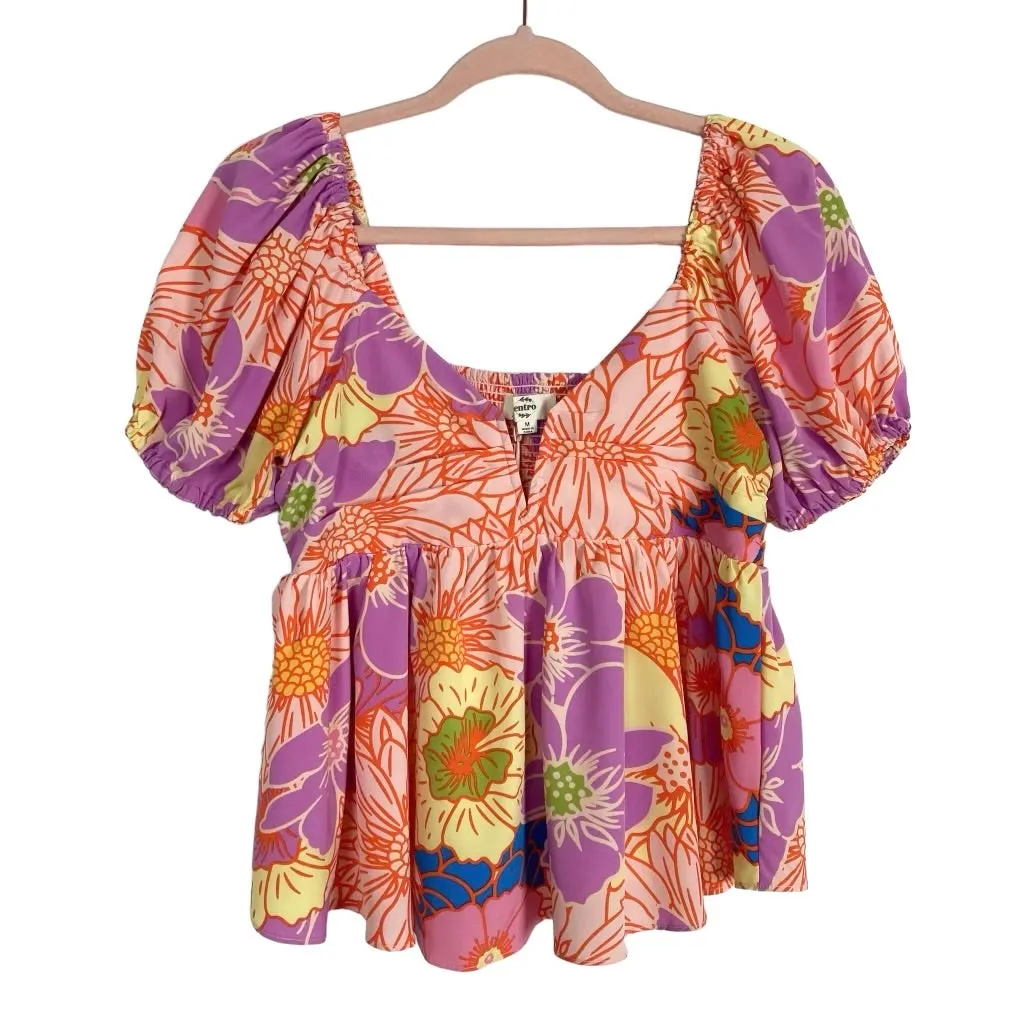 Entro Pink/Orange/Purple/Blue Floral Print Puff Sleeves V-Neck Peplum Top NWT- Size M (sold out online)