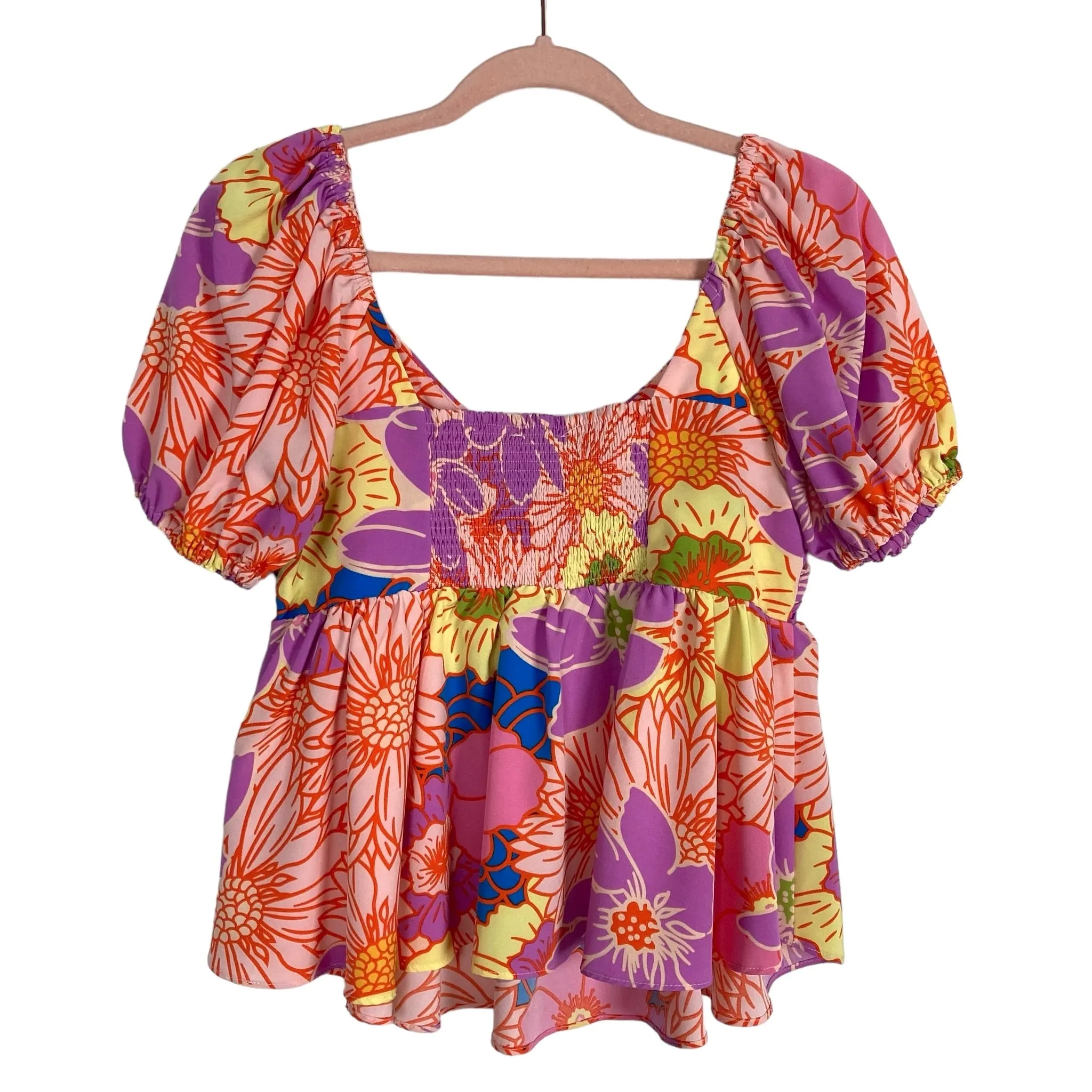 Entro Pink/Orange/Purple/Blue Floral Print Puff Sleeves V-Neck Peplum Top NWT- Size M (sold out online)