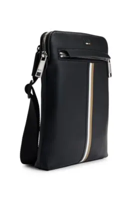 Faux-leather envelope bag with signature stripe