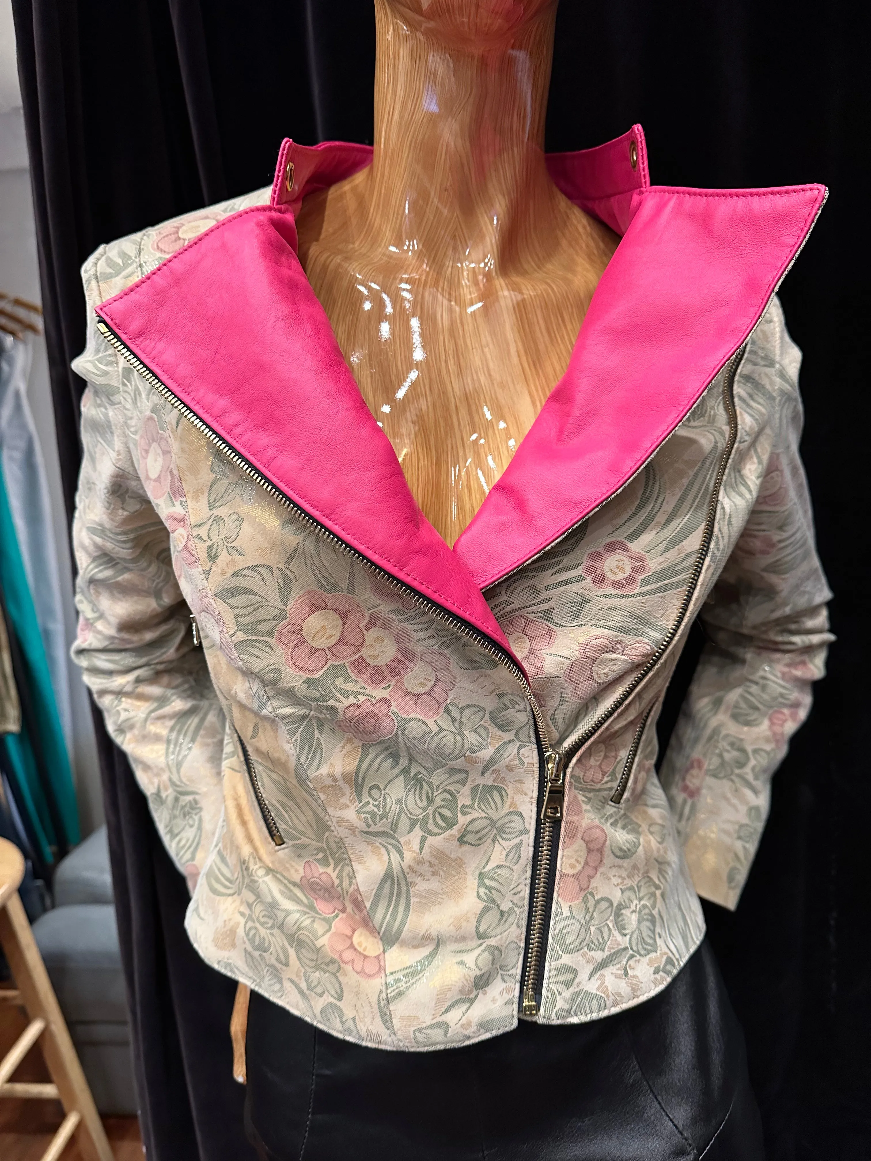 Floral and Fuschia Zip Moto Jacket