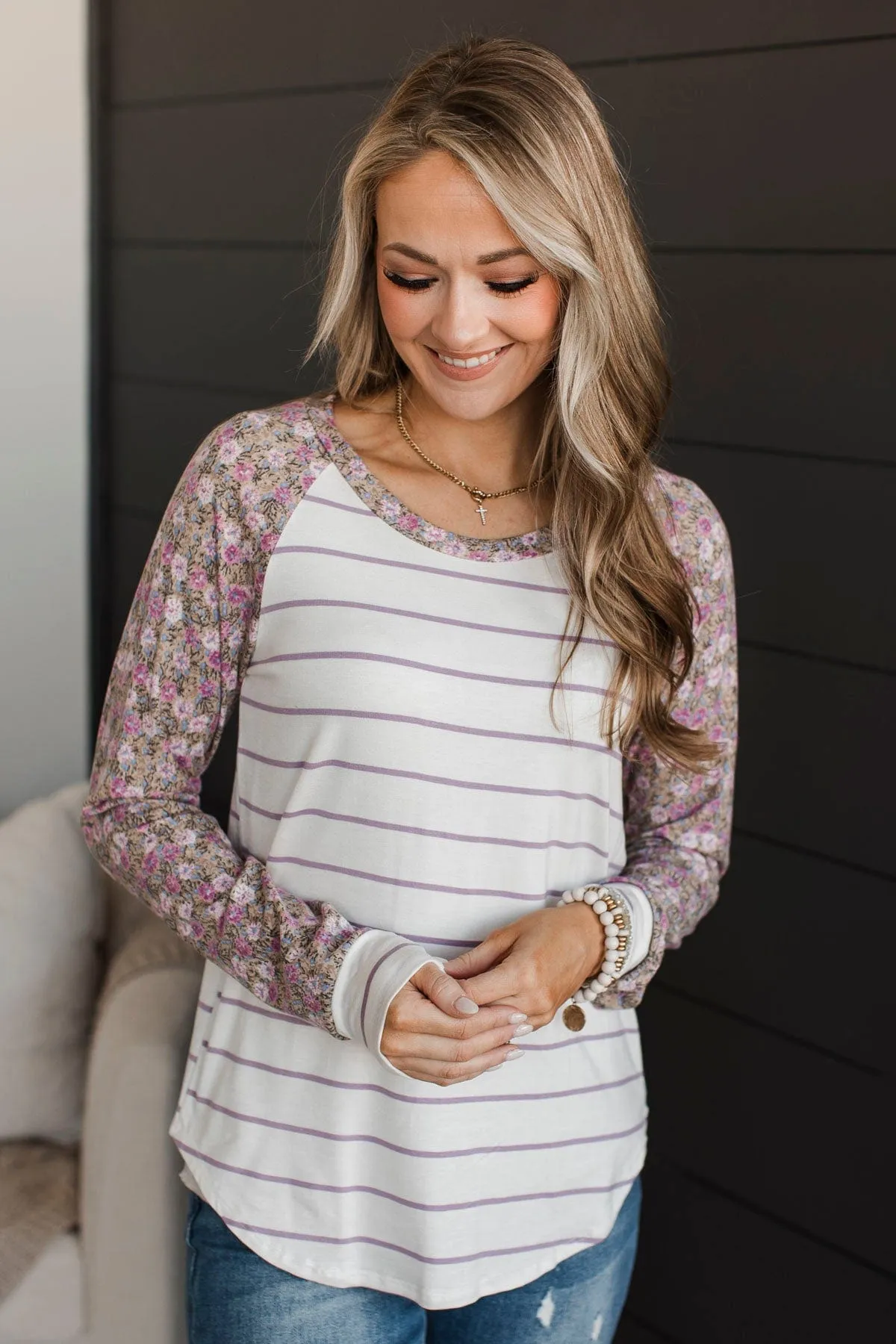 Floral Desires Long Sleeve Knit Top- Ivory & Purple