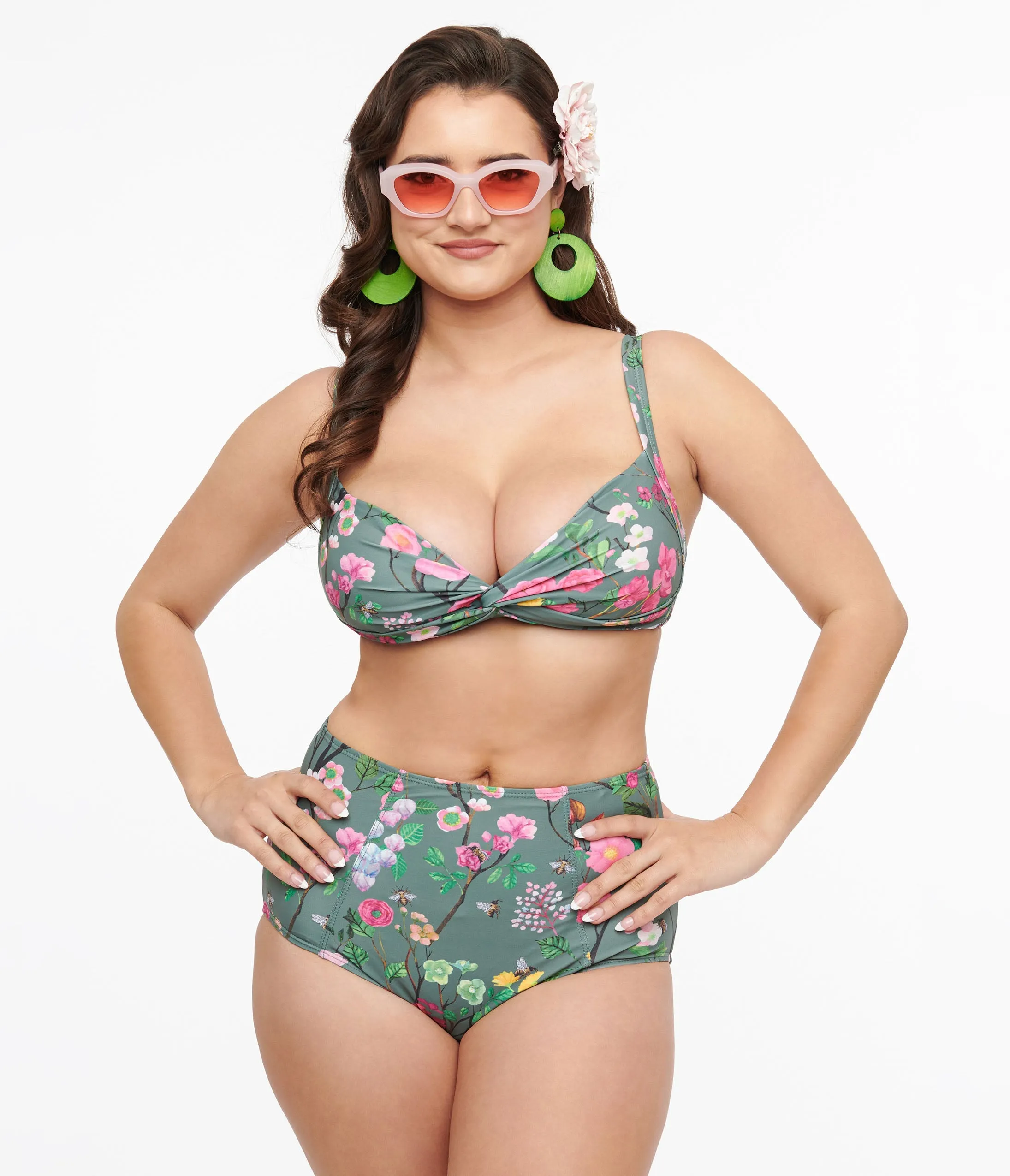 Forest Green & Cherry Blossom Two Piece Swim Set