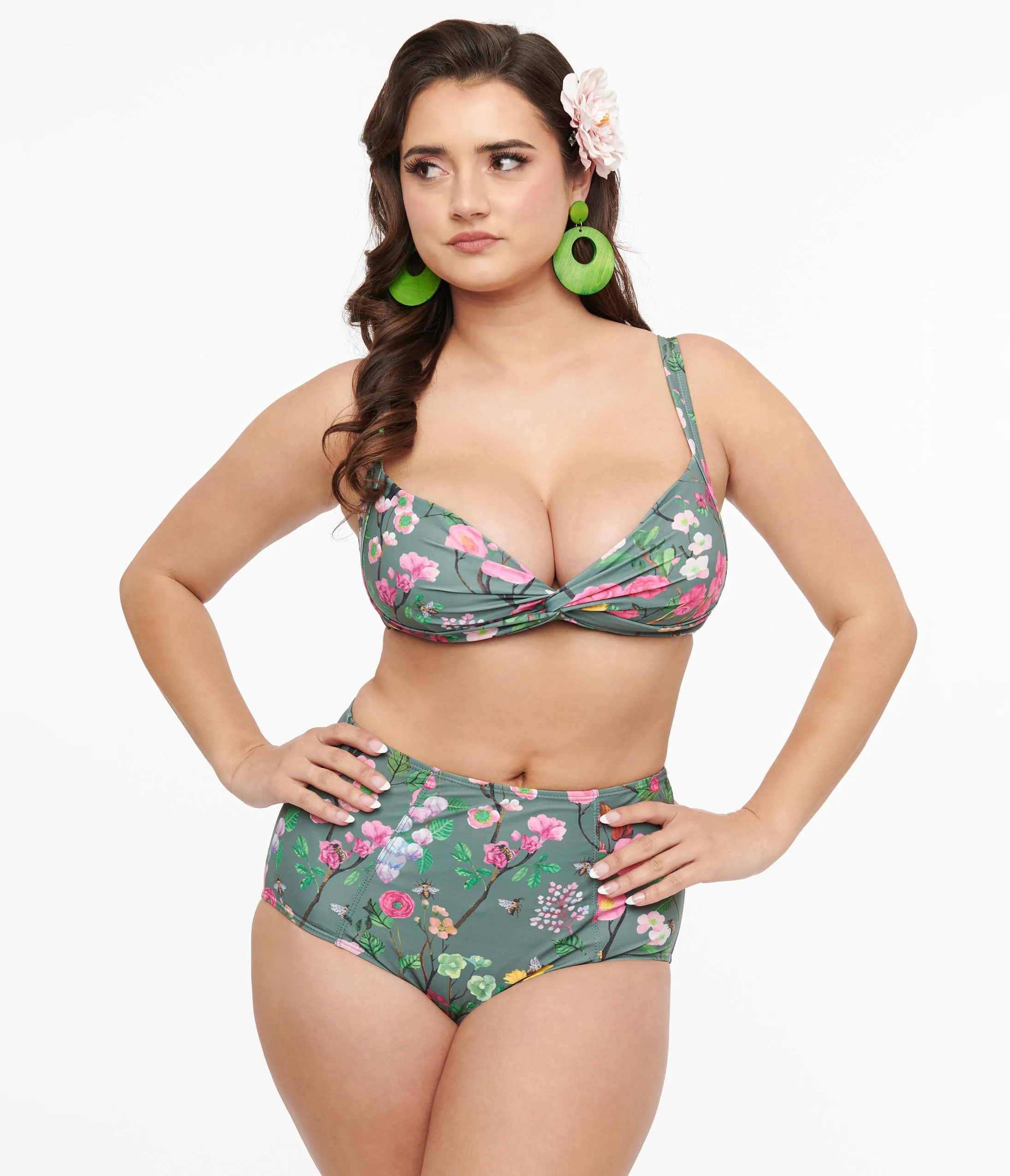 Forest Green & Cherry Blossom Two Piece Swim Set