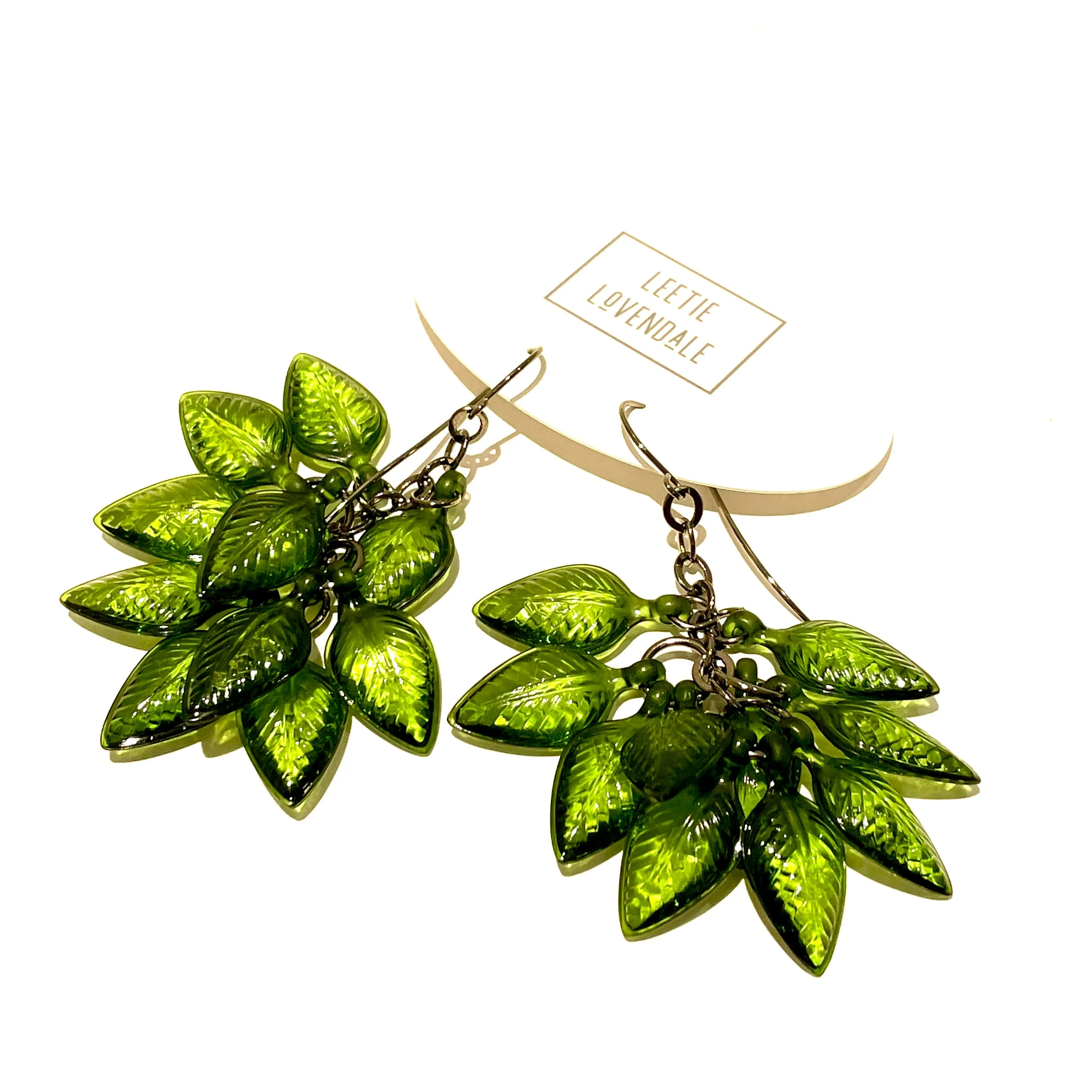 Forest Green Leaf Cluster Drop Earrings