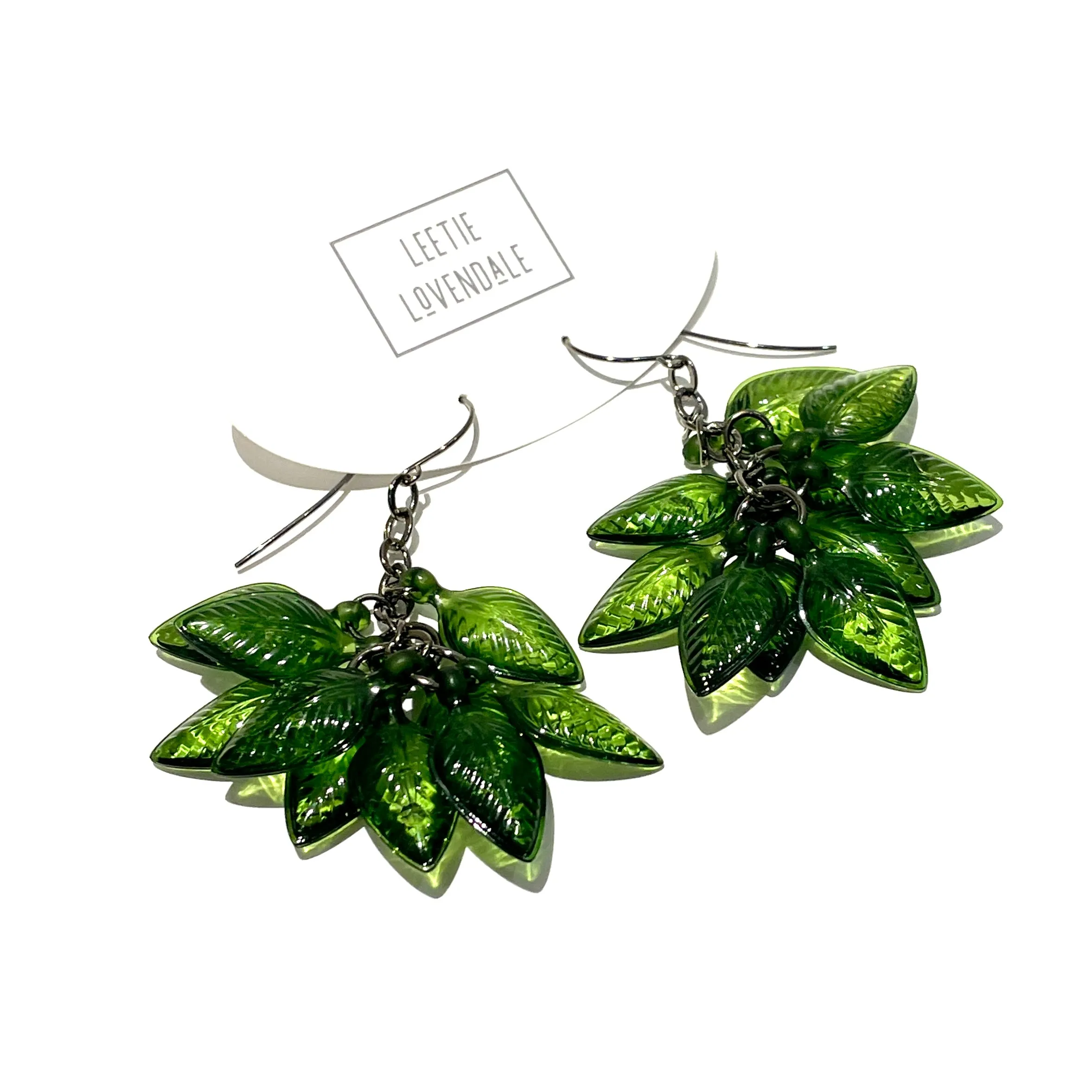 Forest Green Leaf Cluster Drop Earrings