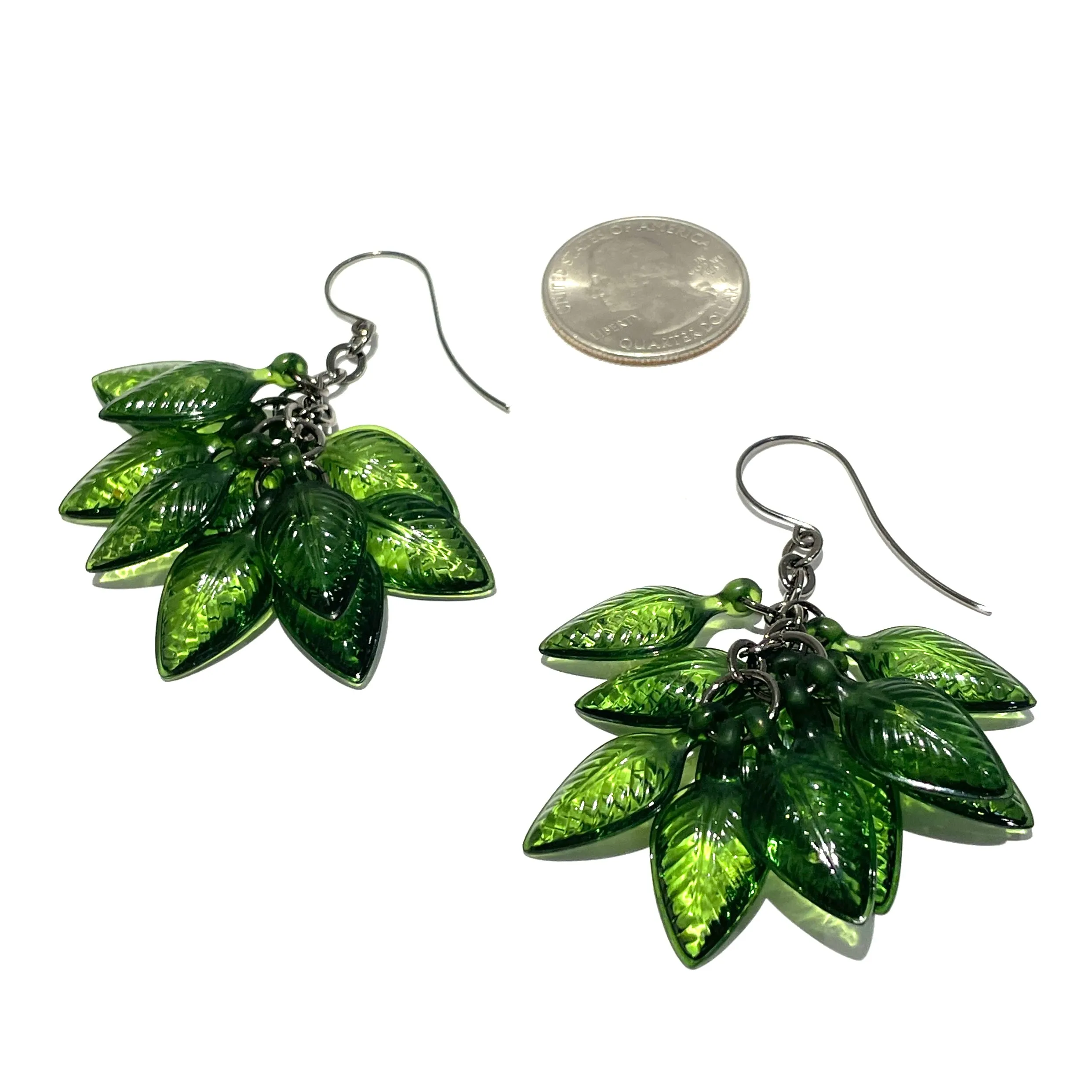 Forest Green Leaf Cluster Drop Earrings