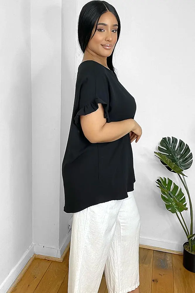 Frill Trim Short Sleeves Summer Blouse