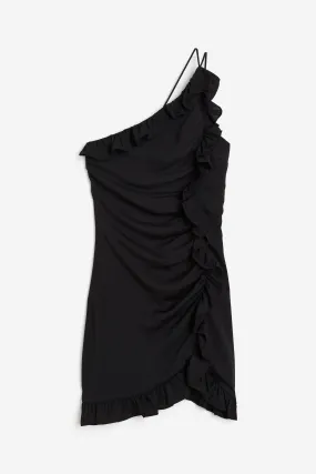 Frill-trimmed one-shoulder dress - Sleeveless - Short - Black - Ladies | H&M GB