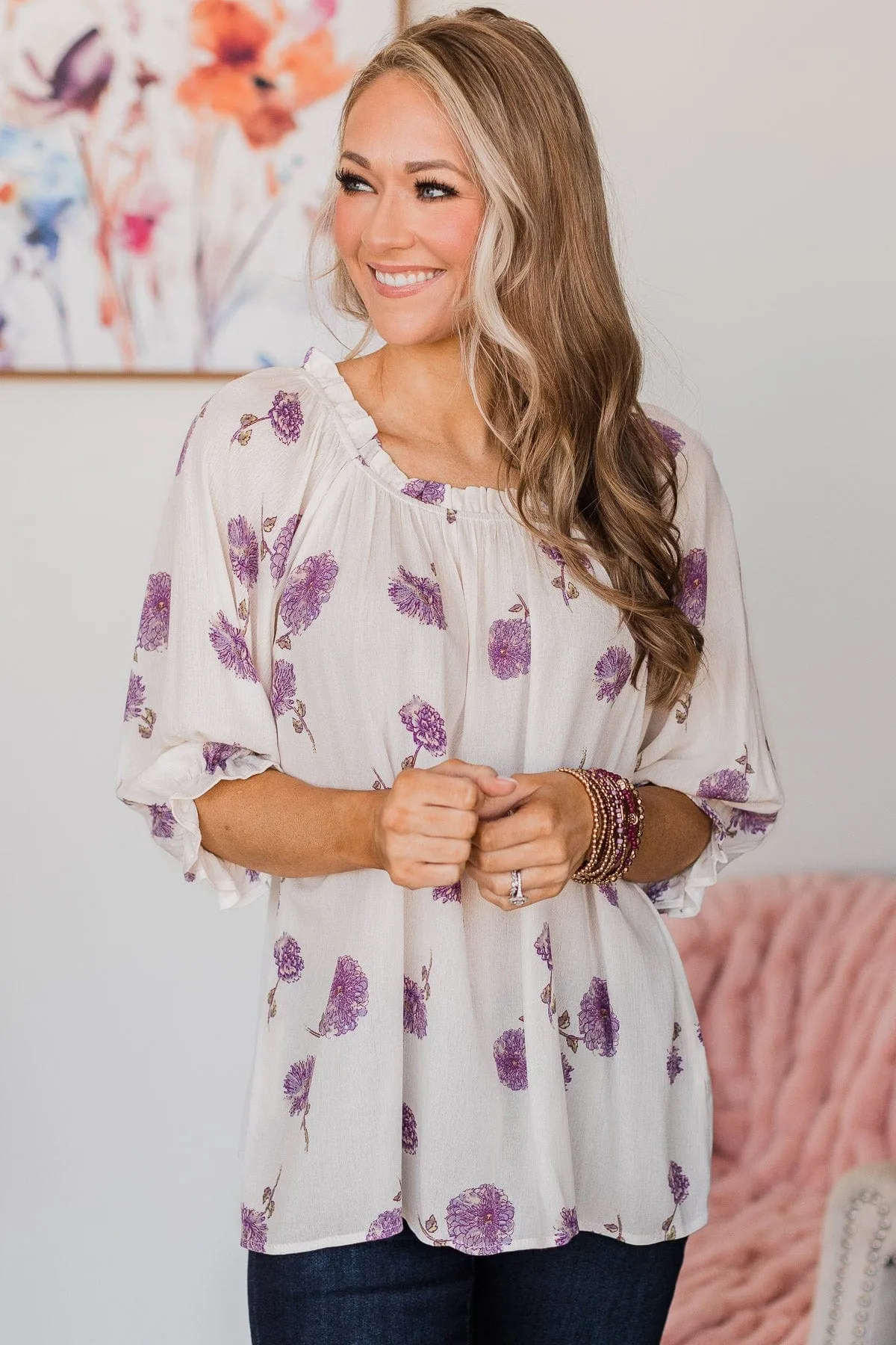 Giving Grace Floral Blouse- Ivory & Purple