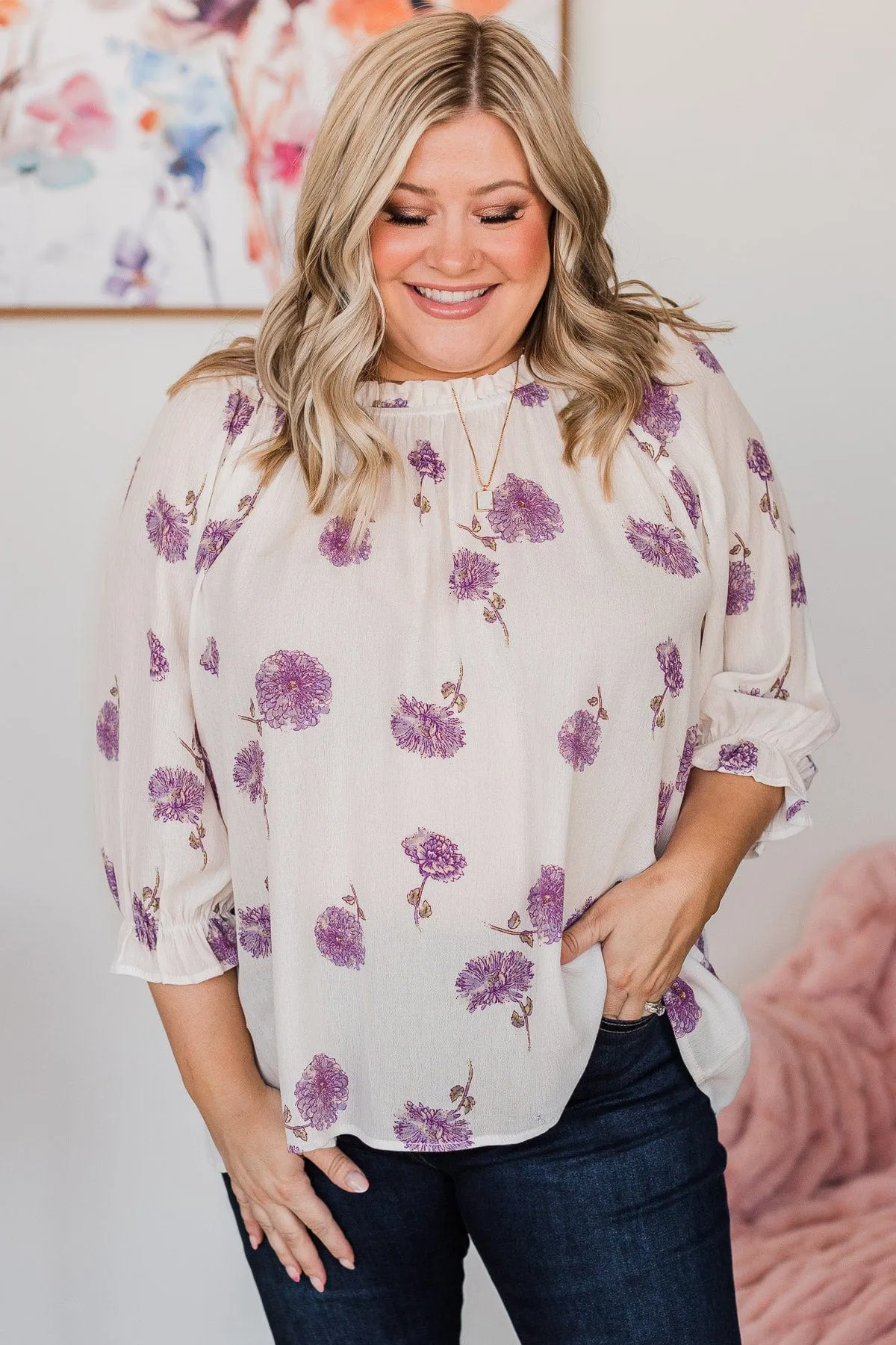 Giving Grace Floral Blouse- Ivory & Purple