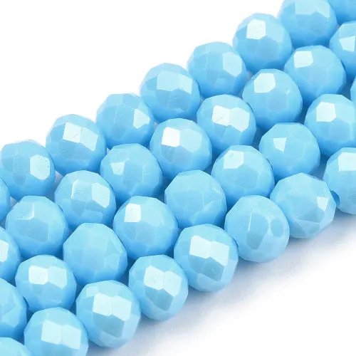 Glass Beads, Electroplated, Rondelle, Faceted, Pearl Luster, Deep Sky Blue, 8mm