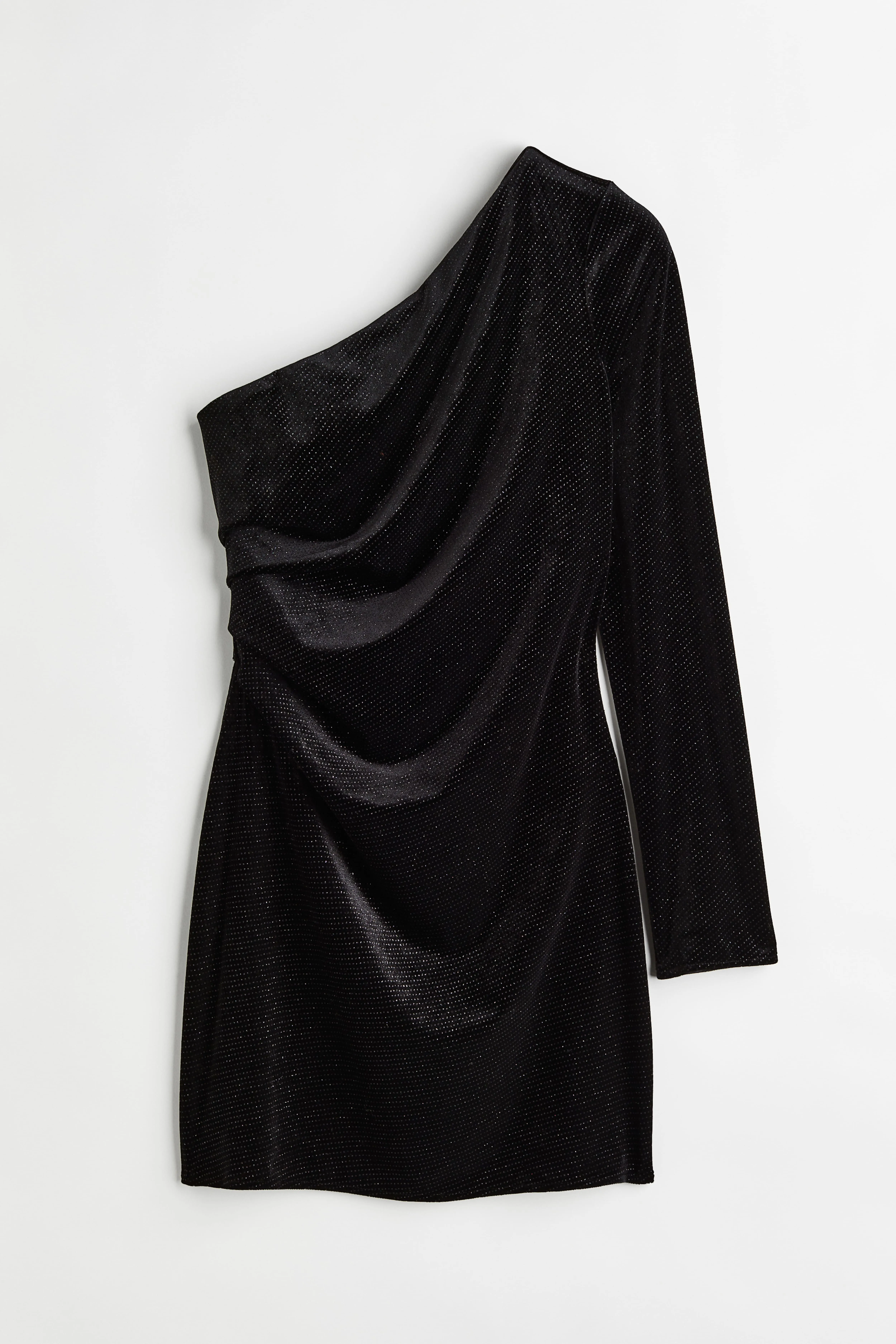 Glittery velour one-shoulder dress - Long sleeve - Short - Black/Glittery - Ladies | H&M GB