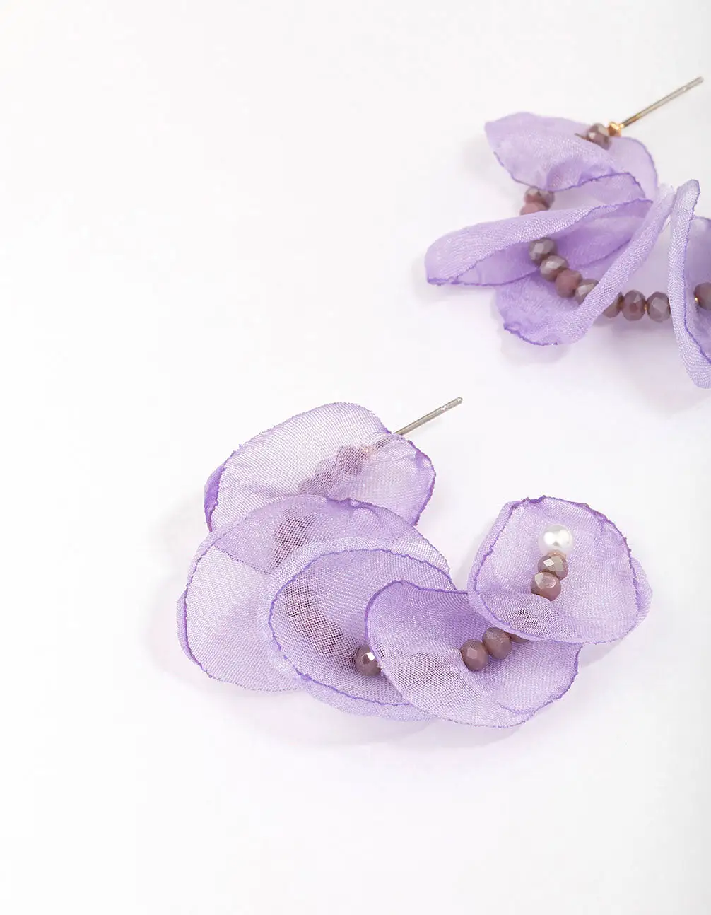 Gold Lilac Beaded Petal Hoop Earrings