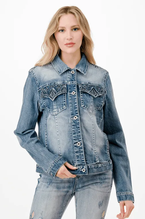 Grace in LA Women's Western Aztec and Rhinestone Jean Jacket TE61837