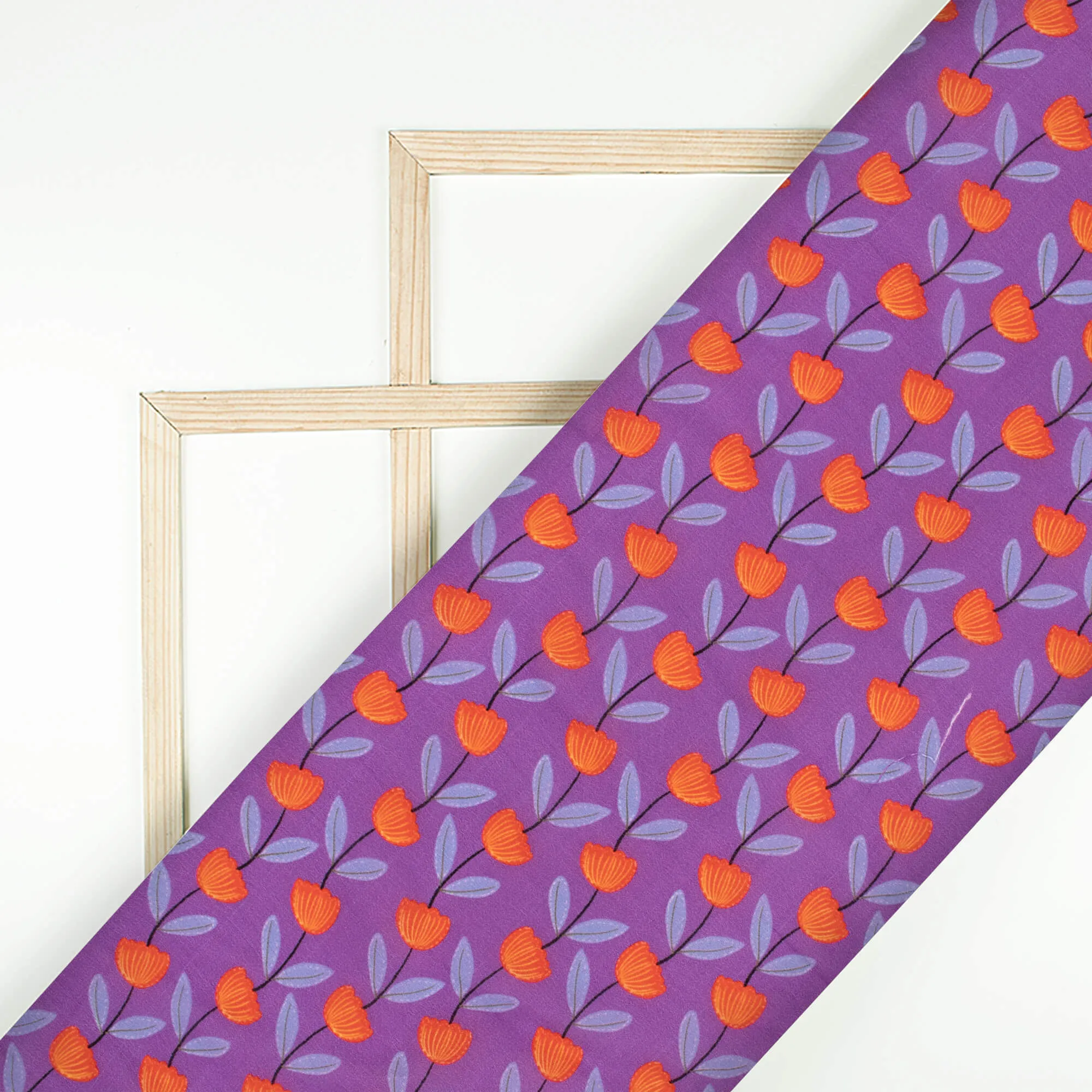 Grape Purple And Orange Floral Pattern Digital Print Viscose Natural Crepe Fabric