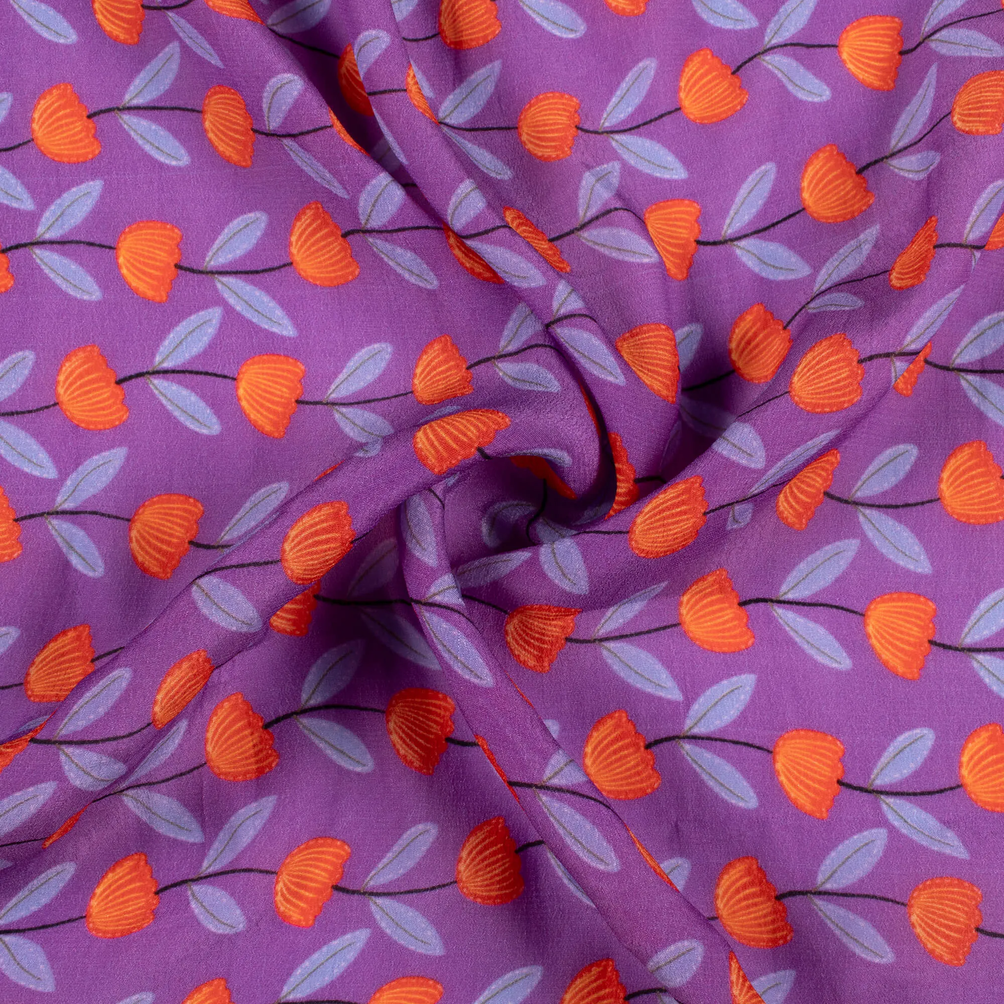 Grape Purple And Orange Floral Pattern Digital Print Viscose Natural Crepe Fabric