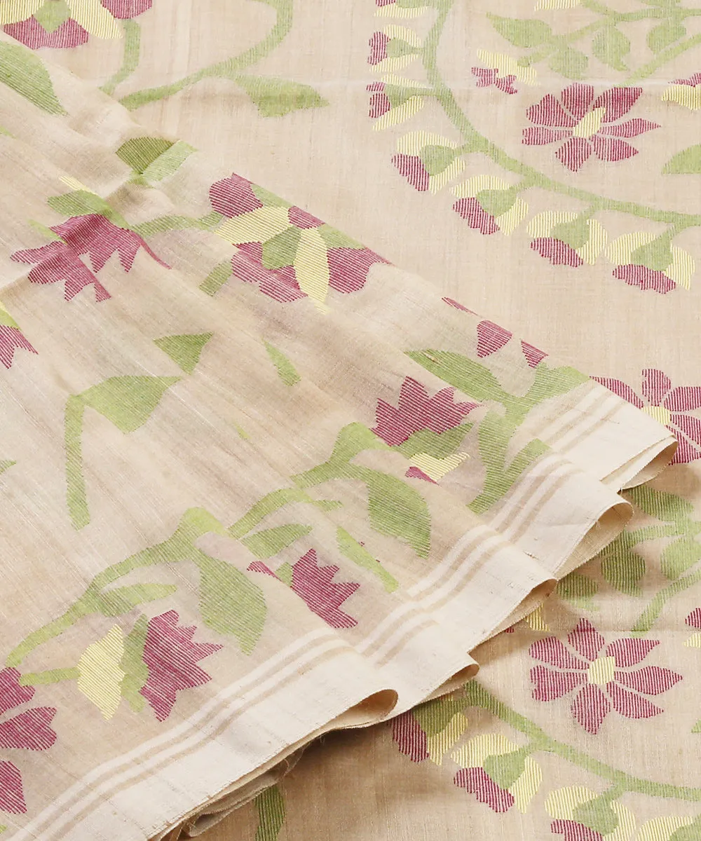 Handloom Beige Moonga Silk Jamdani Saree With Purple Floral Motif