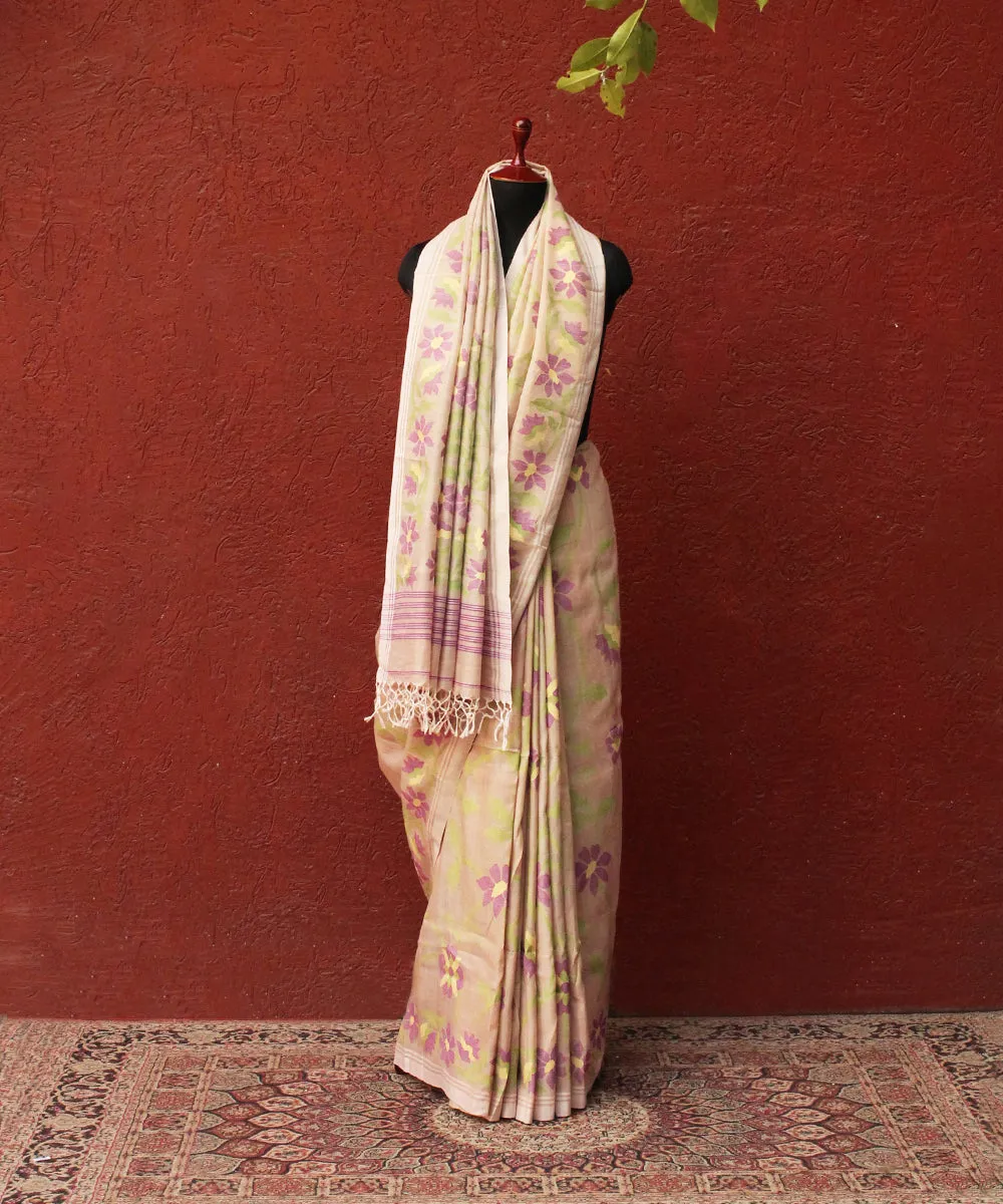 Handloom Beige Moonga Silk Jamdani Saree With Purple Floral Motif