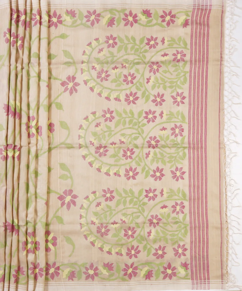 Handloom Beige Moonga Silk Jamdani Saree With Purple Floral Motif