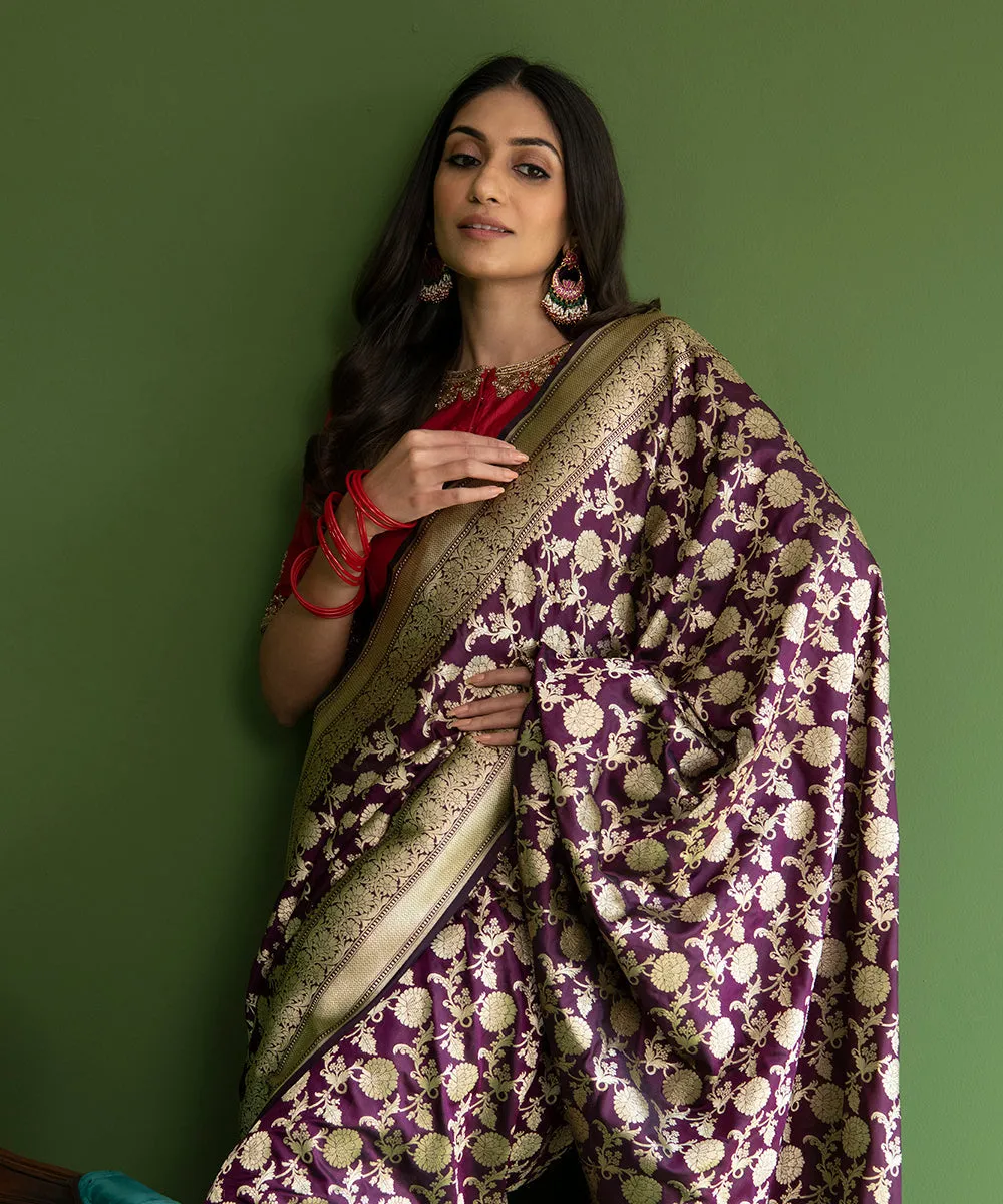 Handloom Purple Pure Katan Silk Banarasi Saree With Cutwork Zari Floral Jaal