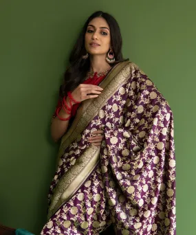 Handloom Purple Pure Katan Silk Banarasi Saree With Cutwork Zari Floral Jaal