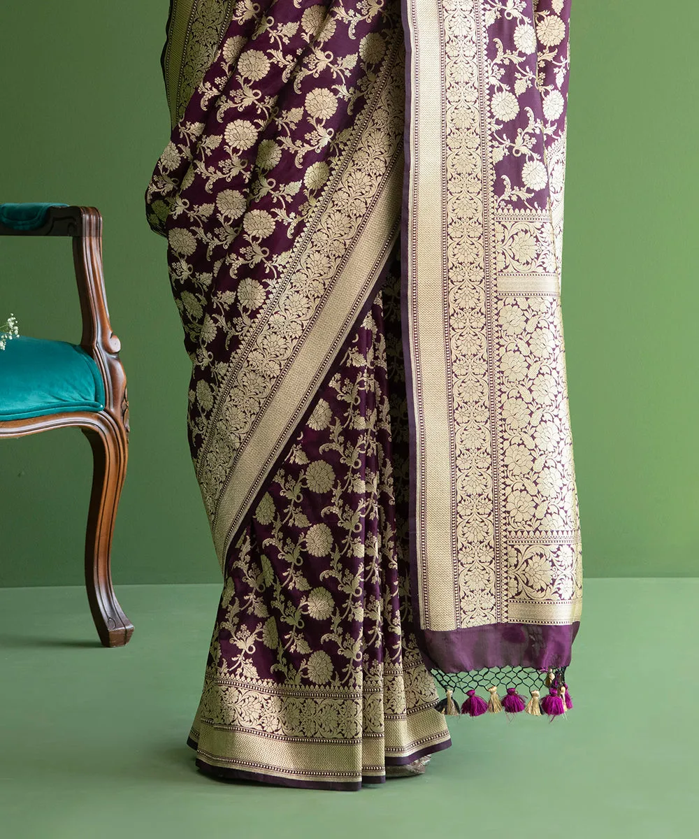 Handloom Purple Pure Katan Silk Banarasi Saree With Cutwork Zari Floral Jaal