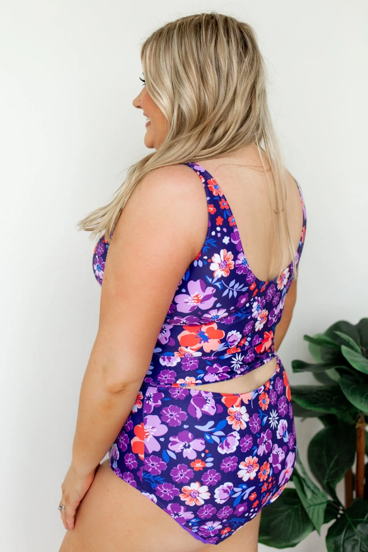 High Waisted Floral Swimsuit Bottoms- Purple & Orange