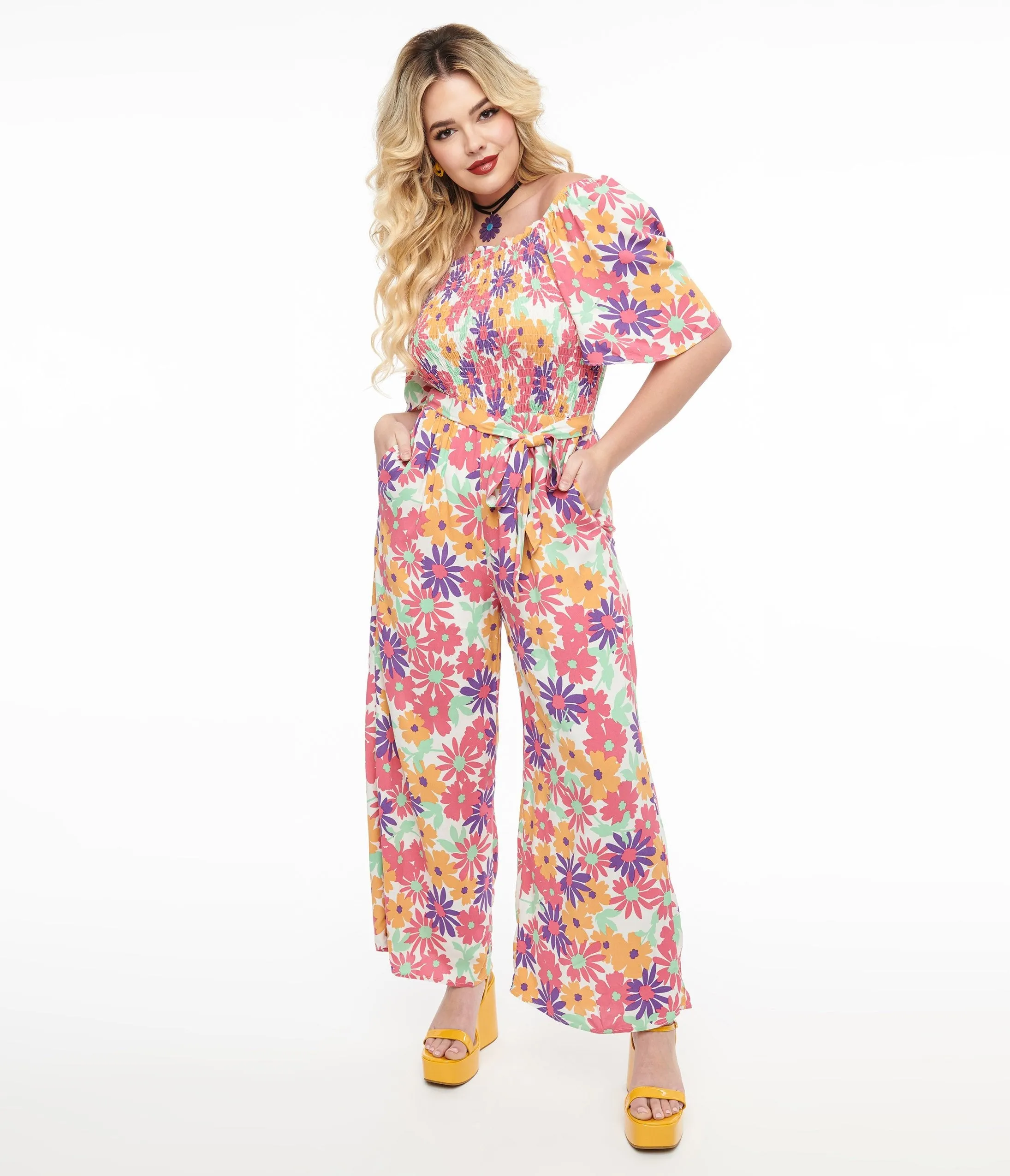 Hot Pink & Purple Floral Flutter Sleeve Jumpsuit