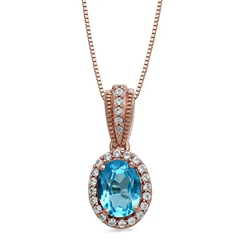 Jewelili 10K Rose Gold With Oval Shape Sky Blue Topaz and Round White Topaz Halo Pendant Necklace, 18 Box Chain