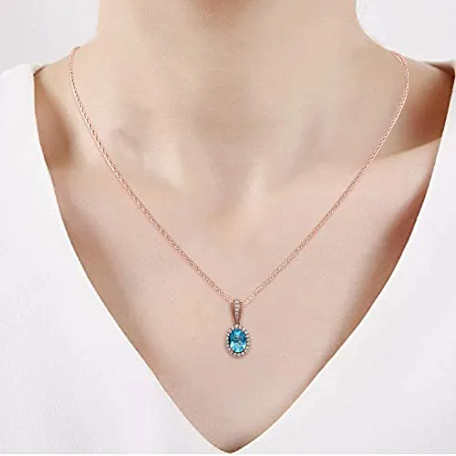 Jewelili 10K Rose Gold With Oval Shape Sky Blue Topaz and Round White Topaz Halo Pendant Necklace, 18 Box Chain