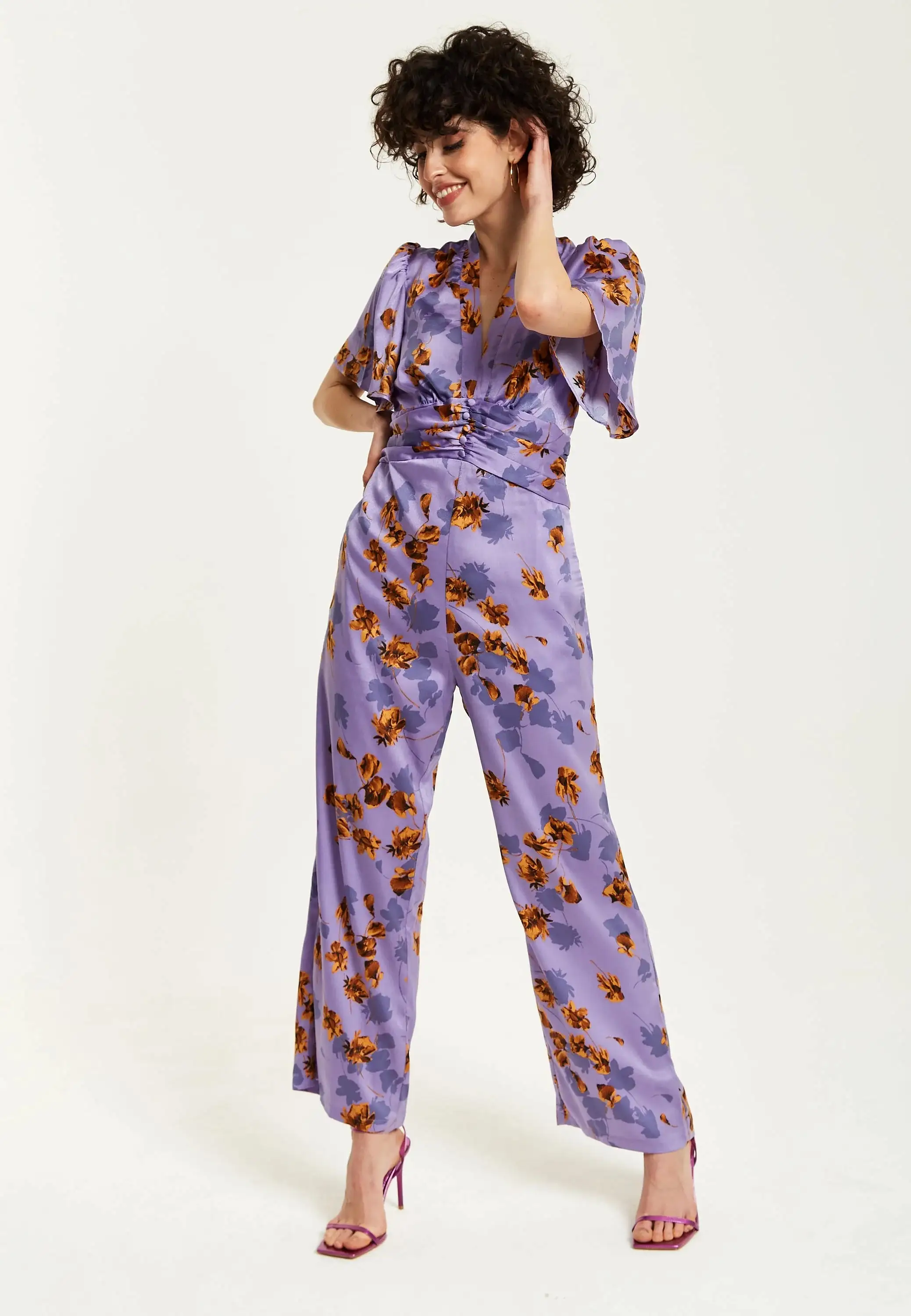 Liquorish Purple Floral Wide Leg Jumpsuit With Angel Sleeves