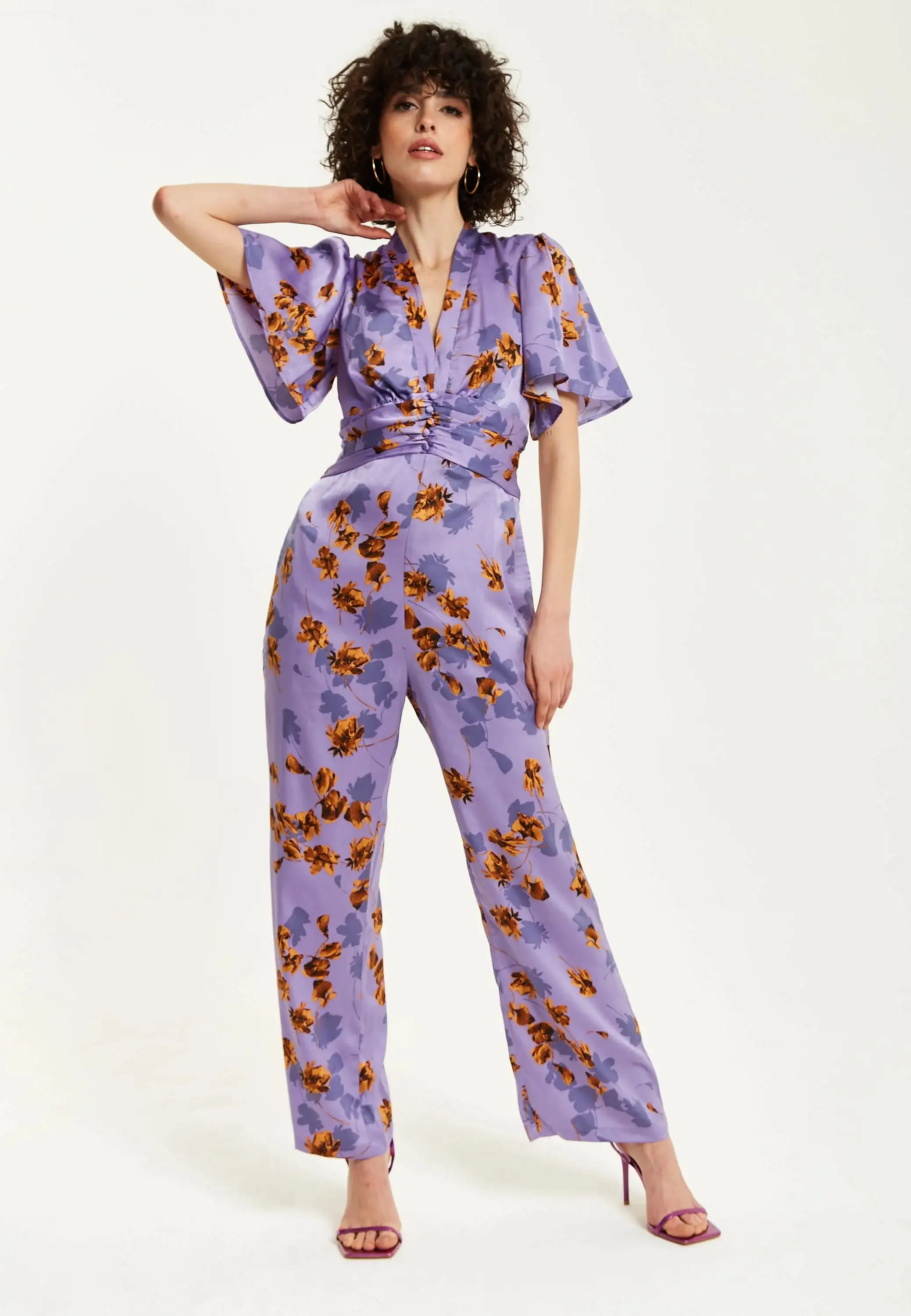 Liquorish Purple Floral Wide Leg Jumpsuit With Angel Sleeves