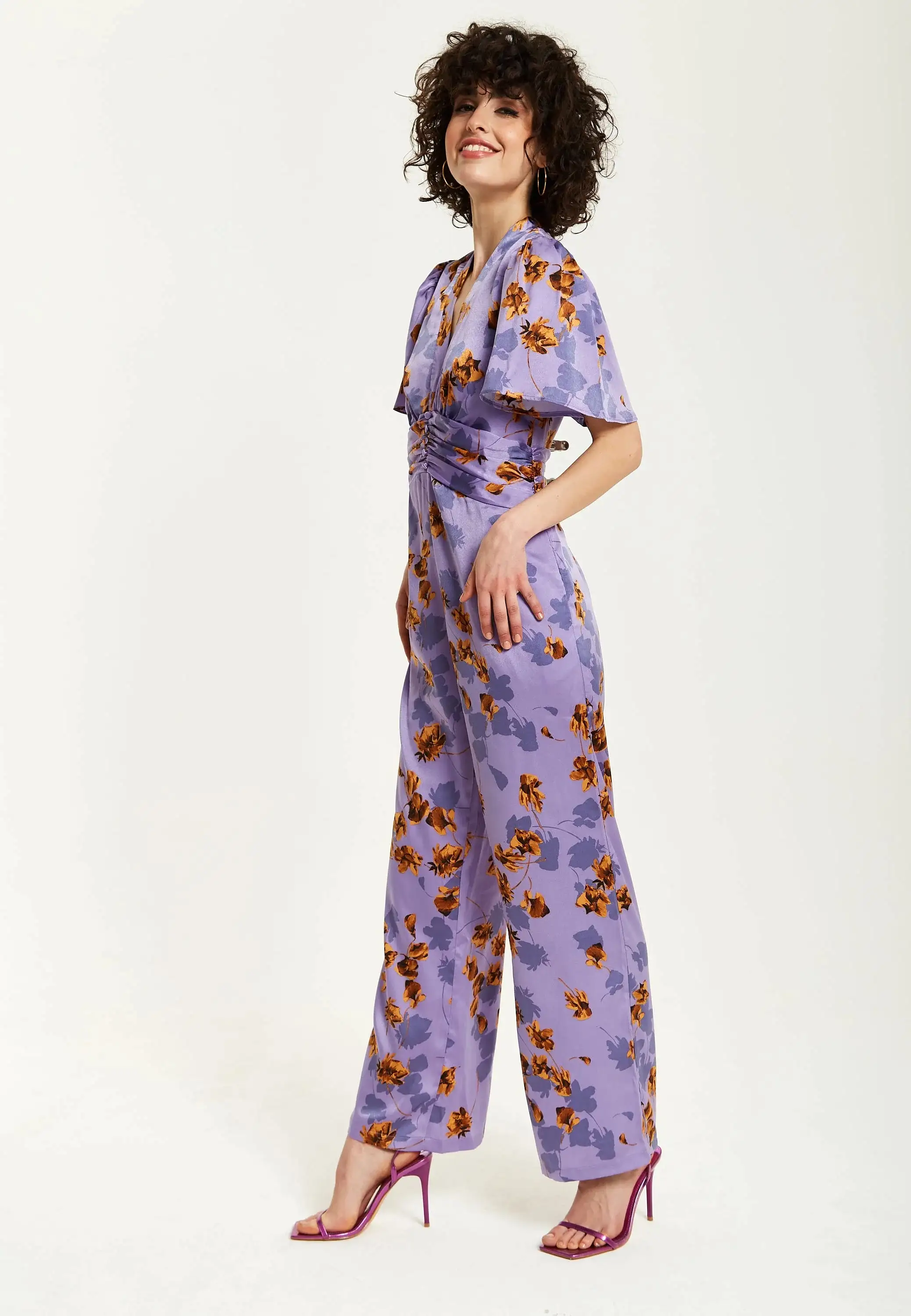 Liquorish Purple Floral Wide Leg Jumpsuit With Angel Sleeves