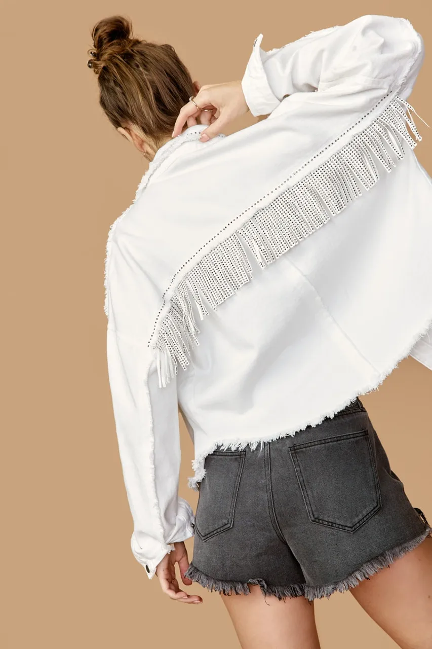 Madison Cropped Fringe Studded Denim Jacket