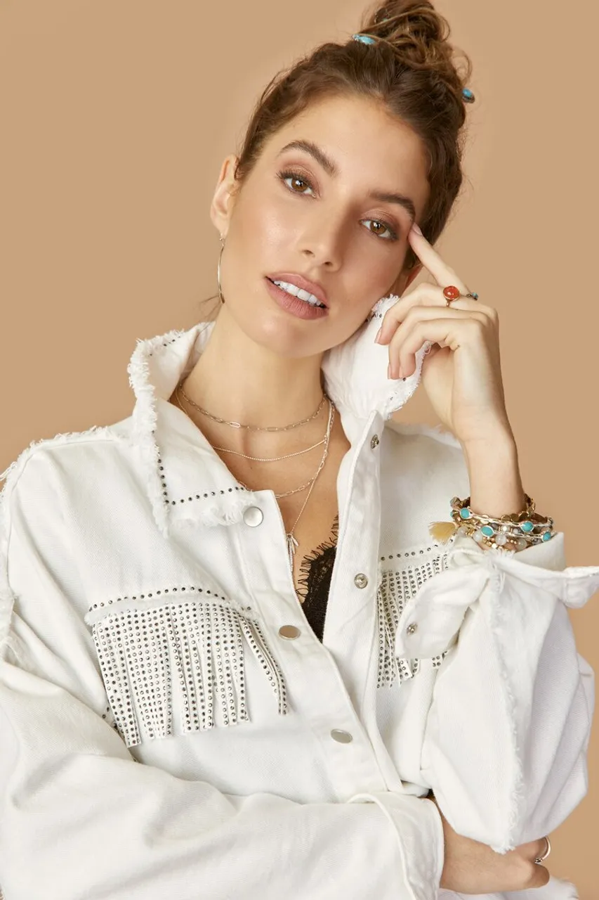 Madison Cropped Fringe Studded Denim Jacket