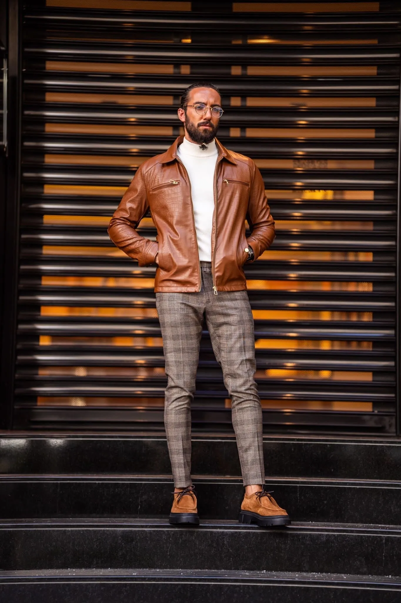 Mateo Slim Fit Tan Patterned Leather Coat