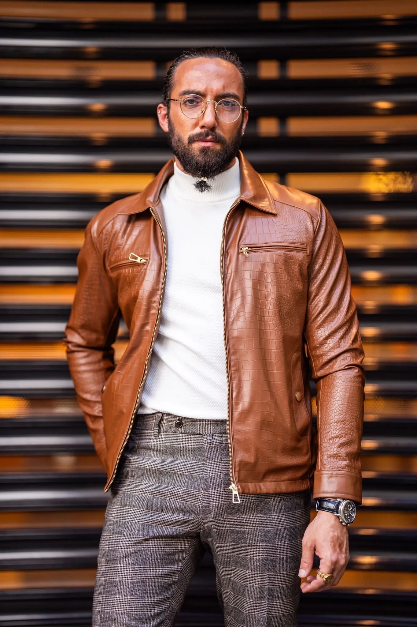 Mateo Slim Fit Tan Patterned Leather Coat