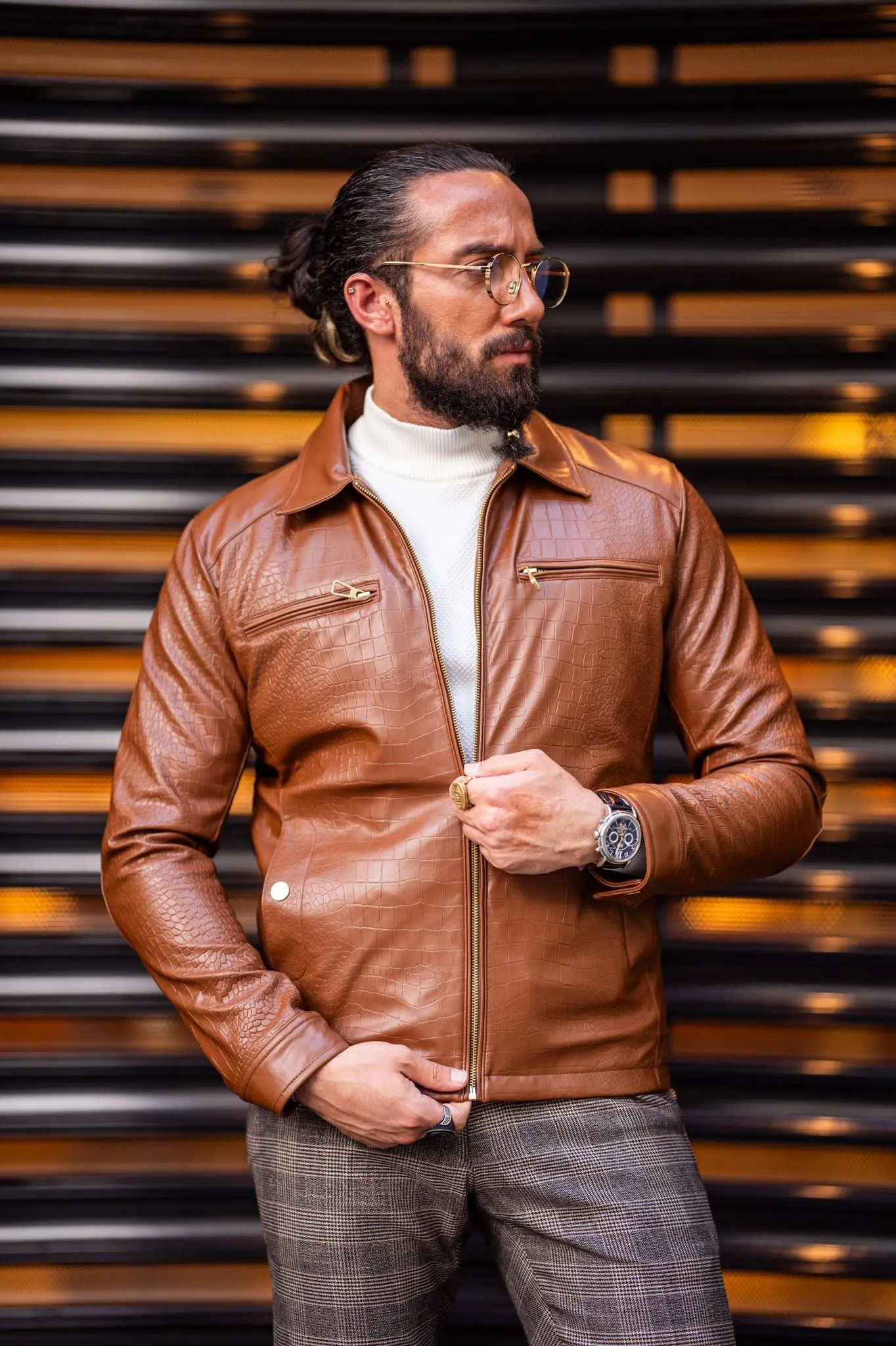 Mateo Slim Fit Tan Patterned Leather Coat