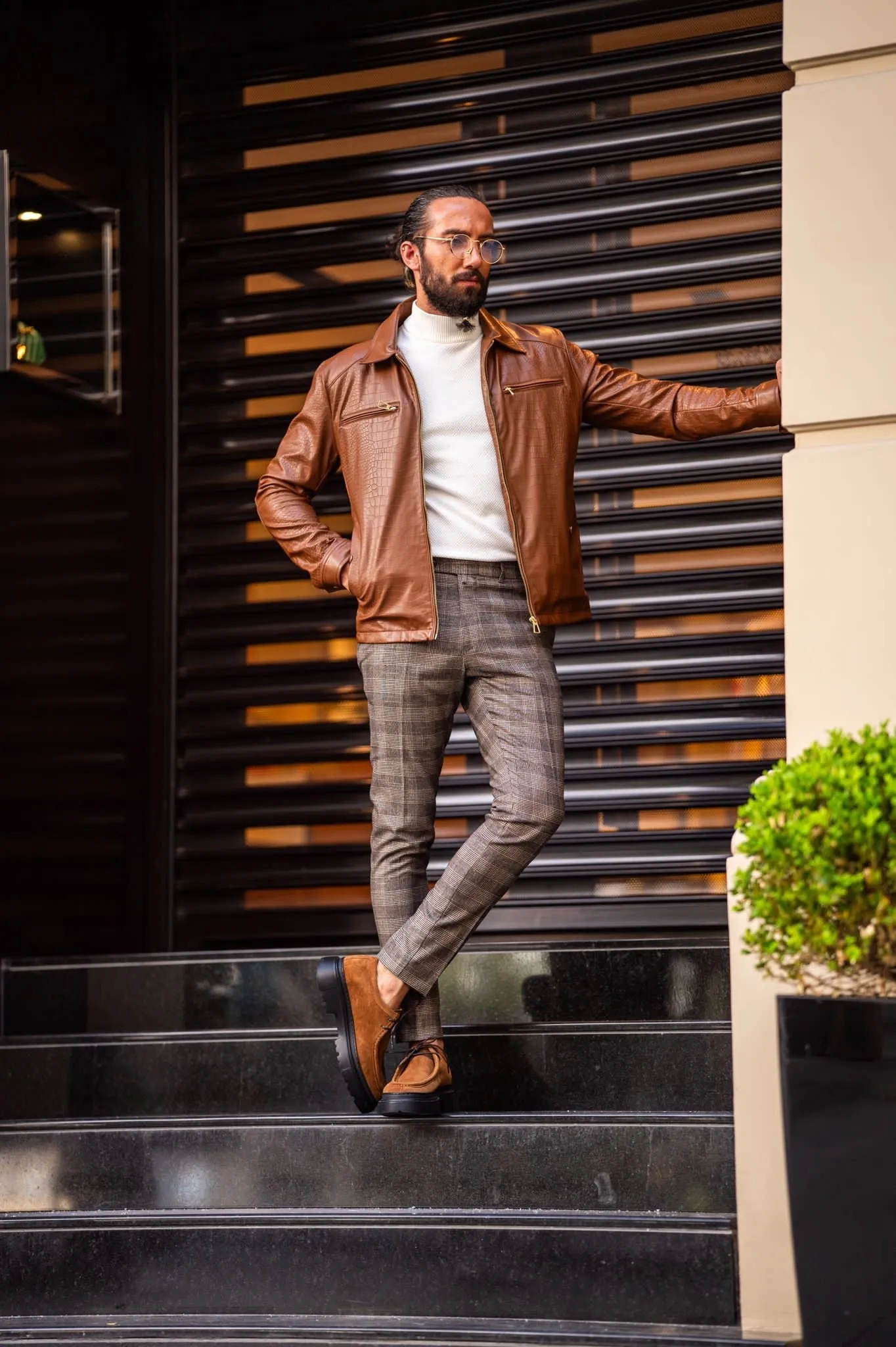 Mateo Slim Fit Tan Patterned Leather Coat