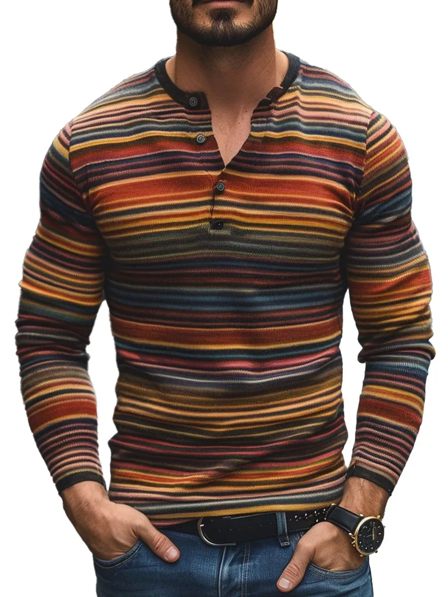 Men's Henley Collar Vintage Stripe Print Casual Long Sleeve T-Shirt